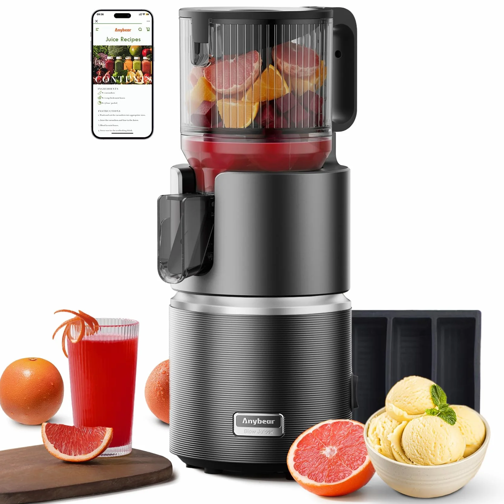 Anybear 124mm Extractor Zumos | 350W Exprimidor Doble Lento | Alto Rendimiento | Tritan Sin BPA | Recetas(Gris Oscuro)