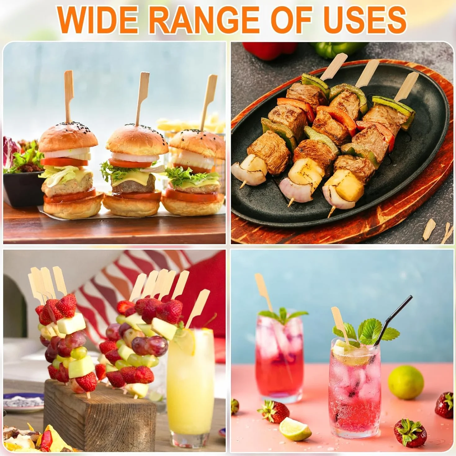 Palillos para Aperitivos de Bambú 9cm, Brochetas de Madera para Cócteles, Barbacoas y Frutas