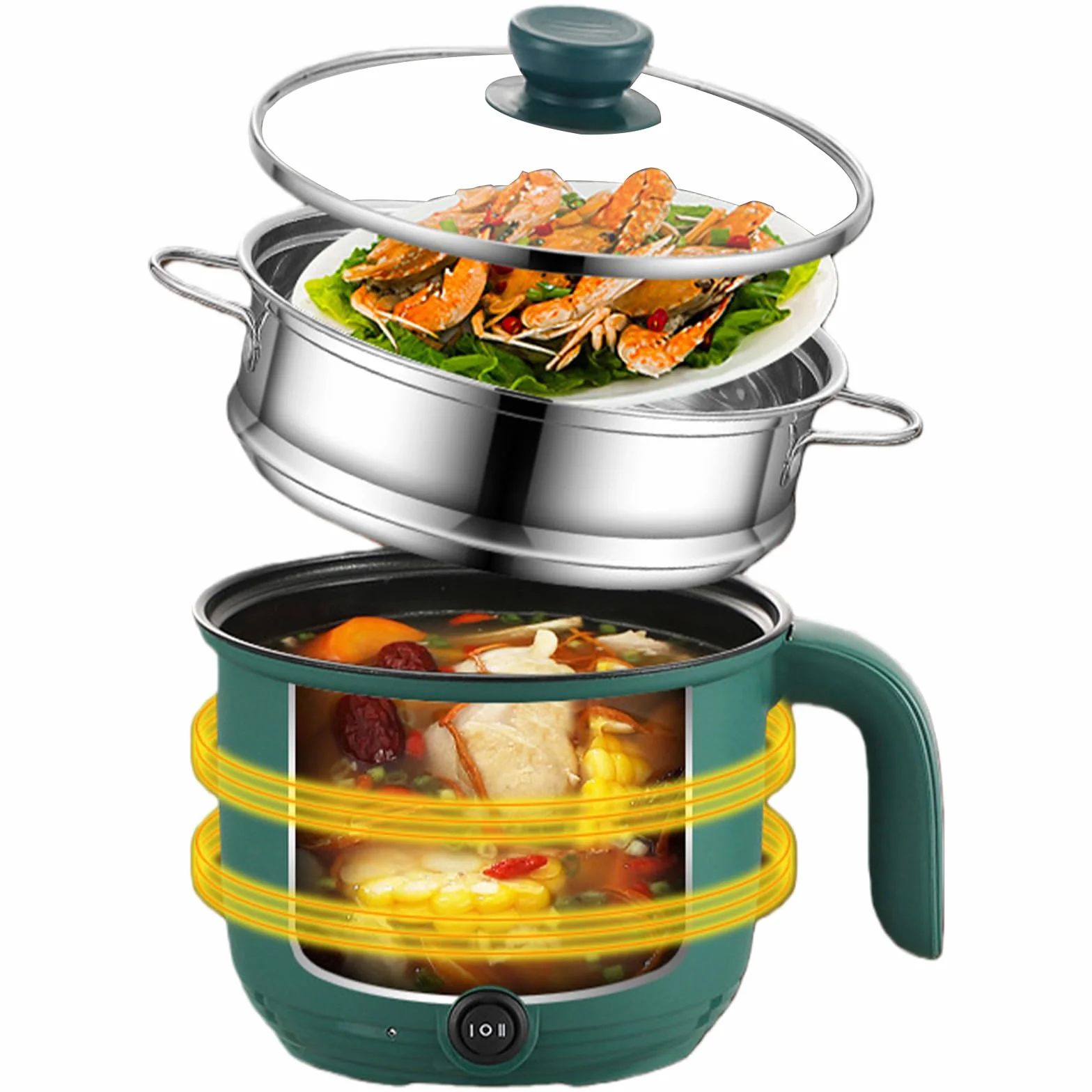 Hot Pot Eléctrico 1,5 L Portátil Antiadherente con Vapor Olla Rápida Sartén Eléctrica Doble Potencia Hervidor de Viaje