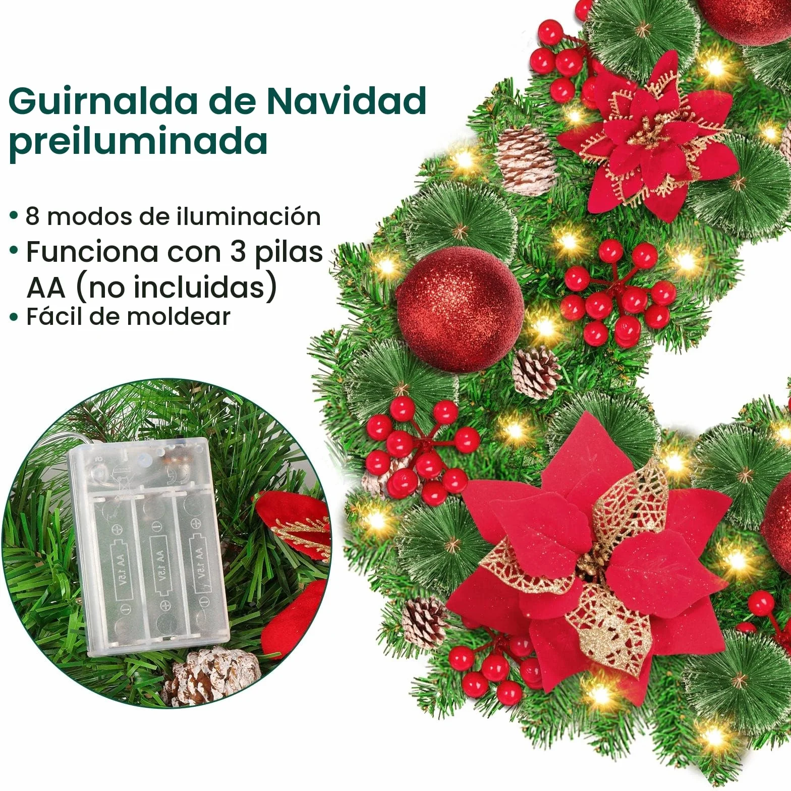Guirnalda de Navidad con Luces LED, 2,7 m (9 pies) Corona de Navidad Artificial con Luces, Corona de Navidad de Iluminación, para chimeneas, escaleras, Adorno de Navidad (Rojo)
