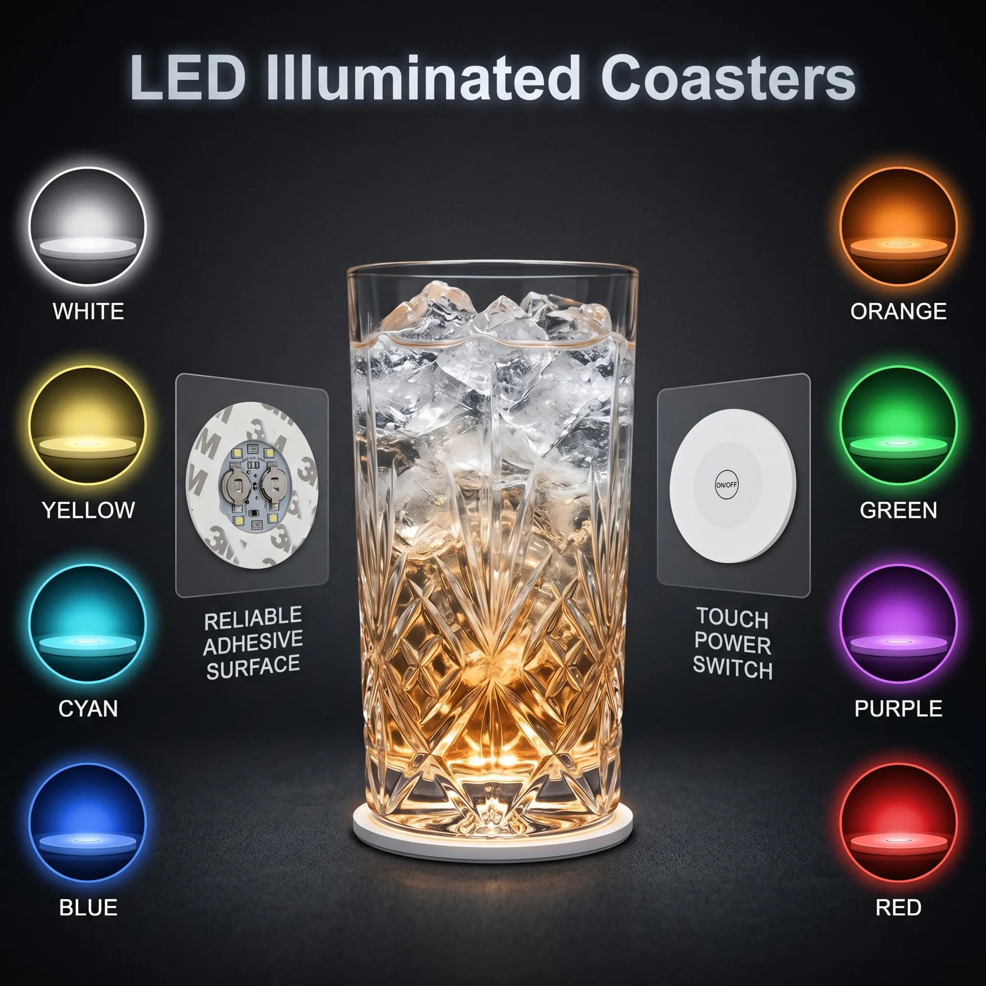 12 Pegatinas LED de Ambiente para Botellas y Vasos, Posavasos LED Multicolor y Blanco Frío, Luces Autoadhesivas con Pilas Reemplazables para Fiestas, Bodas, Bares y Decoración de Mesa