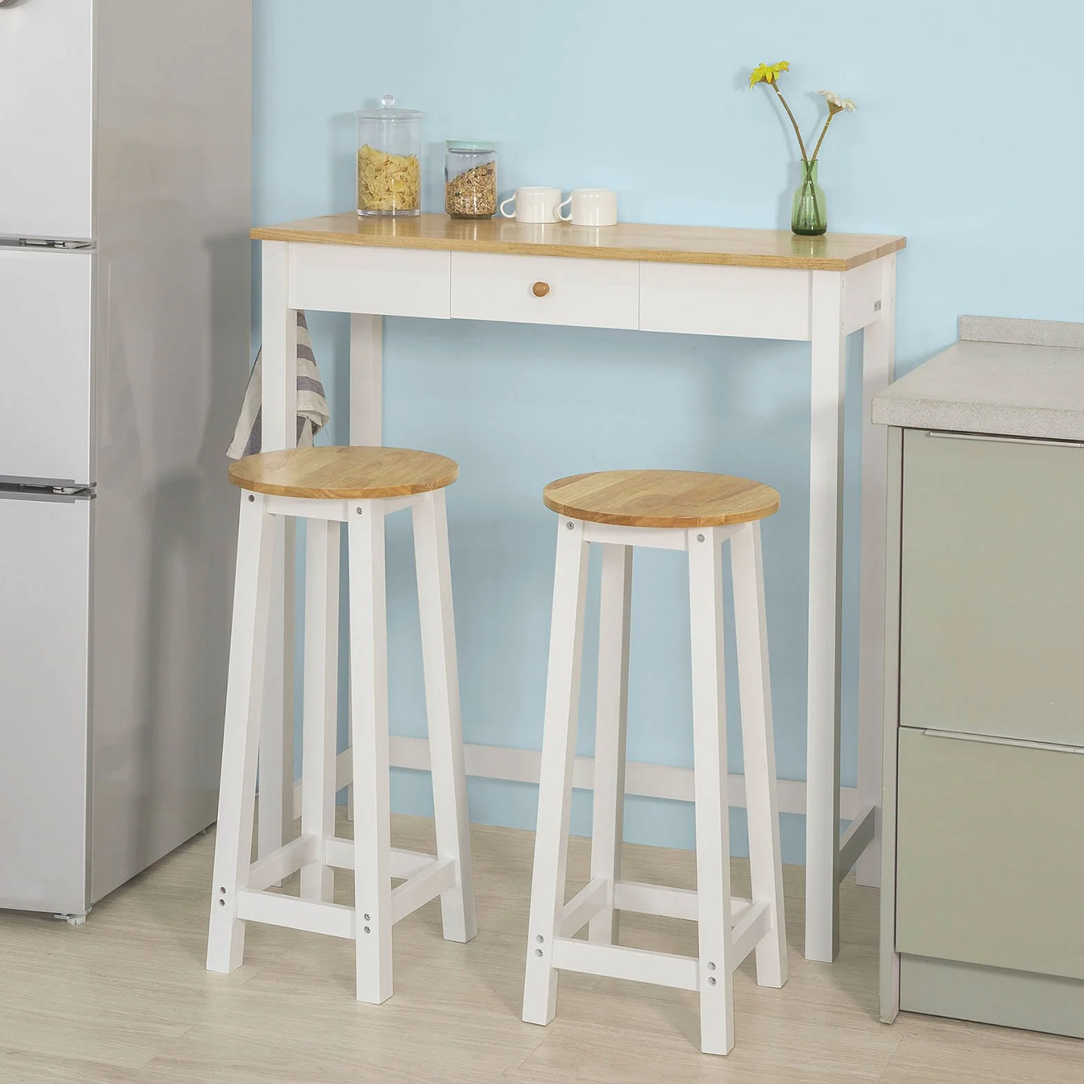 SoBuy Juego de Mesa Alta para Comedor, Conjunto de Bar con 2 Taburetes, Mesa de Cocina Moderna Ideal para Espacios Reducidos FWT50-WN