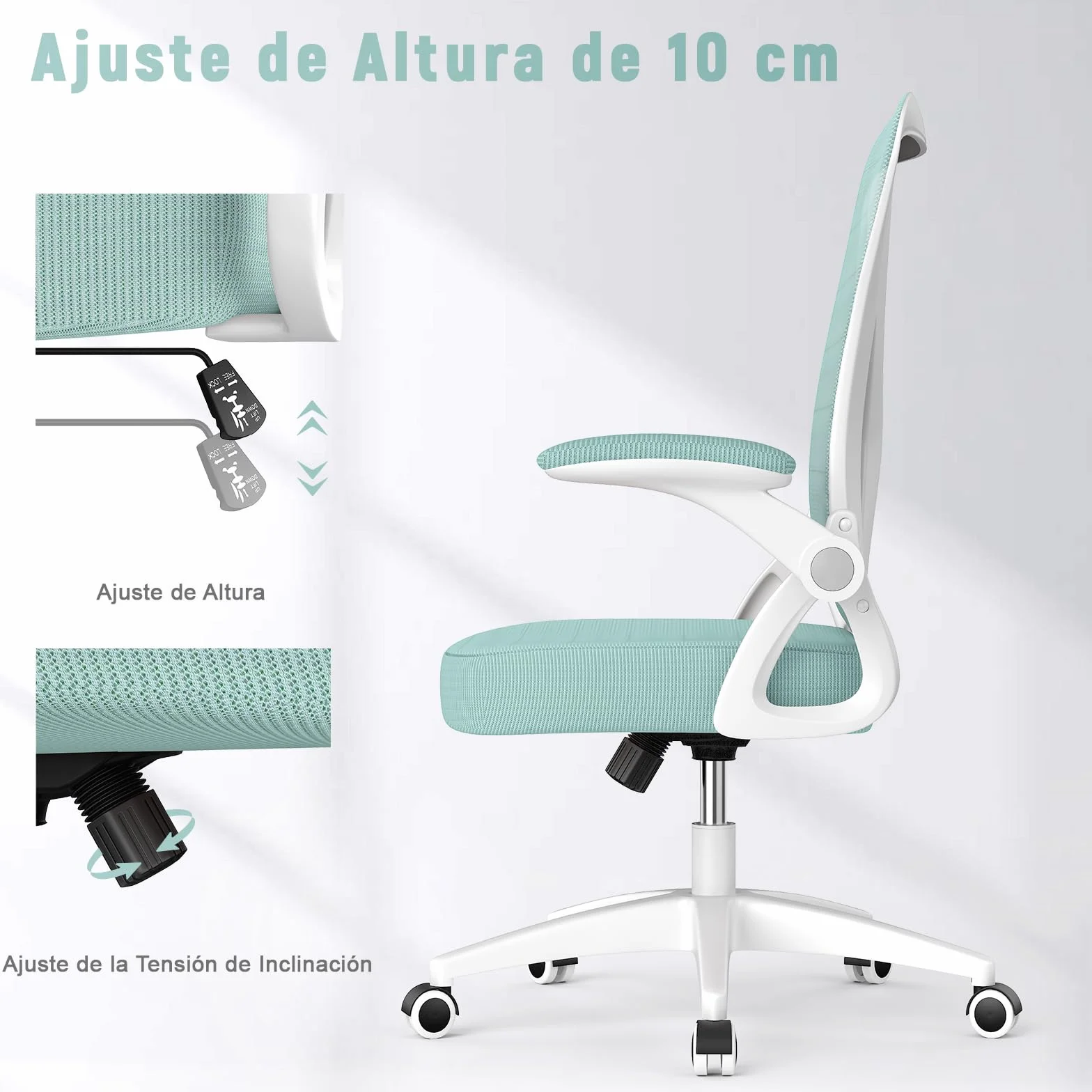 Rattantree Silla de Oficina Ergonómica con Reposabrazos Plegables, Altura Ajustable, Soporte Lumbar, Giratoria, Verde