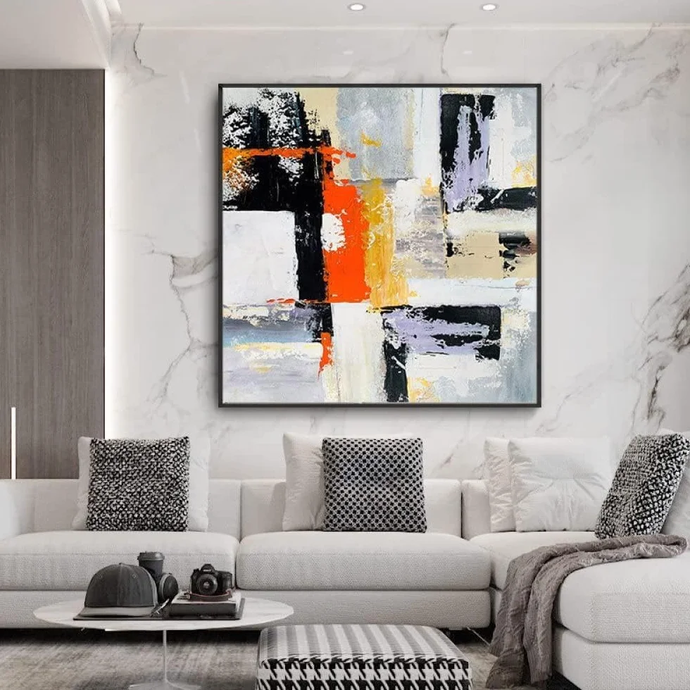 Pintura Al Óleo Pintada A Mano Cuadros,Pintura Acrílica 100% Dibujada A Mano, Abstracta Moderna, En Blanco Y Negro, Naranja