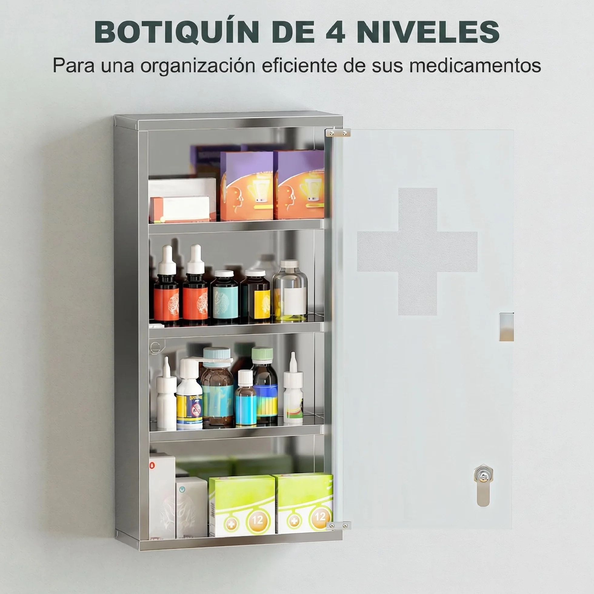 HOMCOM Armario de Medicinas Botiquín Acero INOX 4 Estantes Colgante Pared con Cerradura