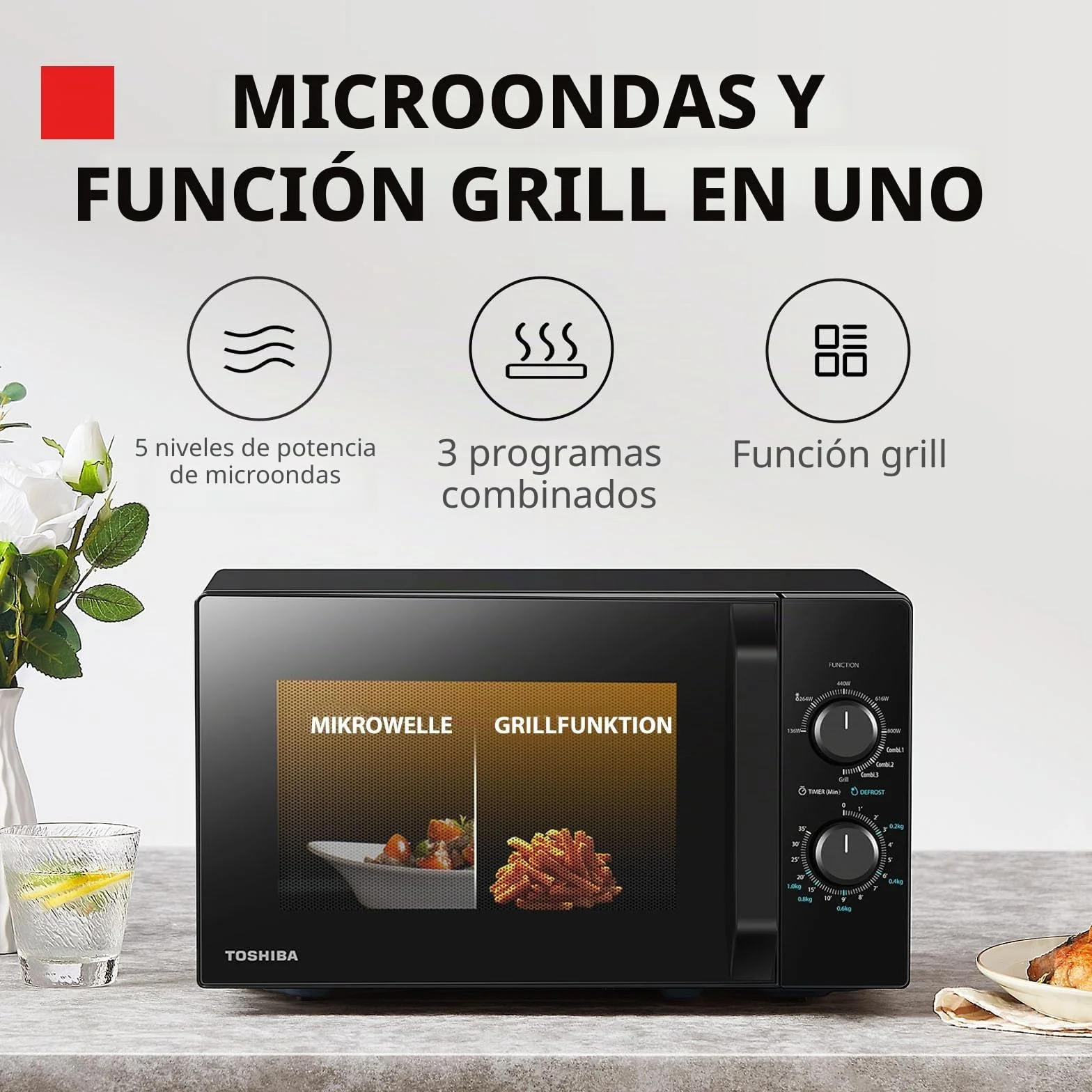 Toshiba MW2-MG20PF(BK)/GE - Horno microondas con función crujiente grill y cocina combinada, 5 niveles de potencia, 1000 W de potencia, color negro