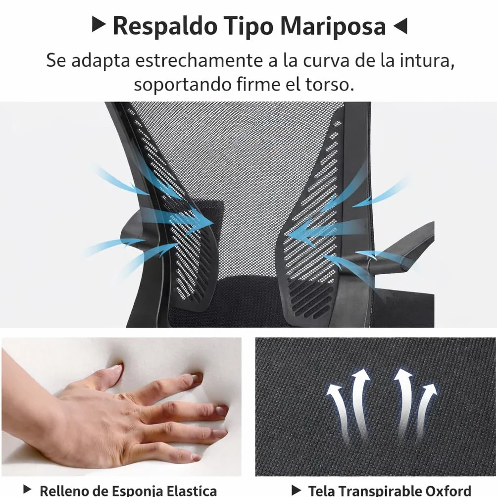 Silla de Oficina Ergonómica con Ruedas Giratorias y Soporte Lumbar, Respaldo de Malla Transpirable, 150kg