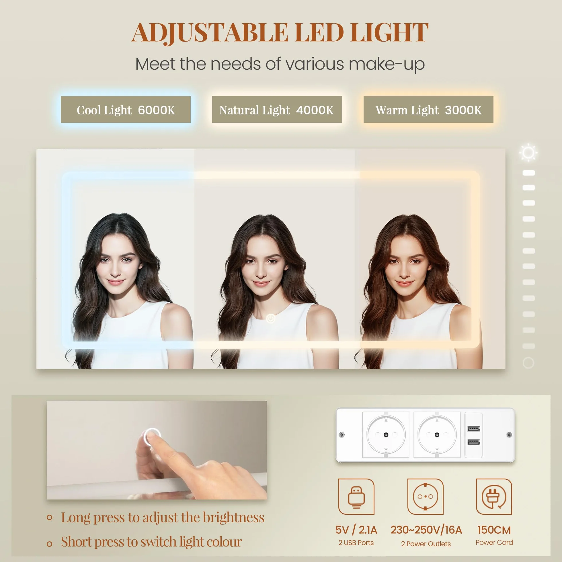 HEXCELEN 135 cm Tocador Grande, Tocador de Maquillaje con Luz LED, Grande Espejo, Mesa de Maquillaje con Prácticas Tomas de Corriente, 8 Cajones, Estantes Abiertos Mesa, Blanco-Plata
