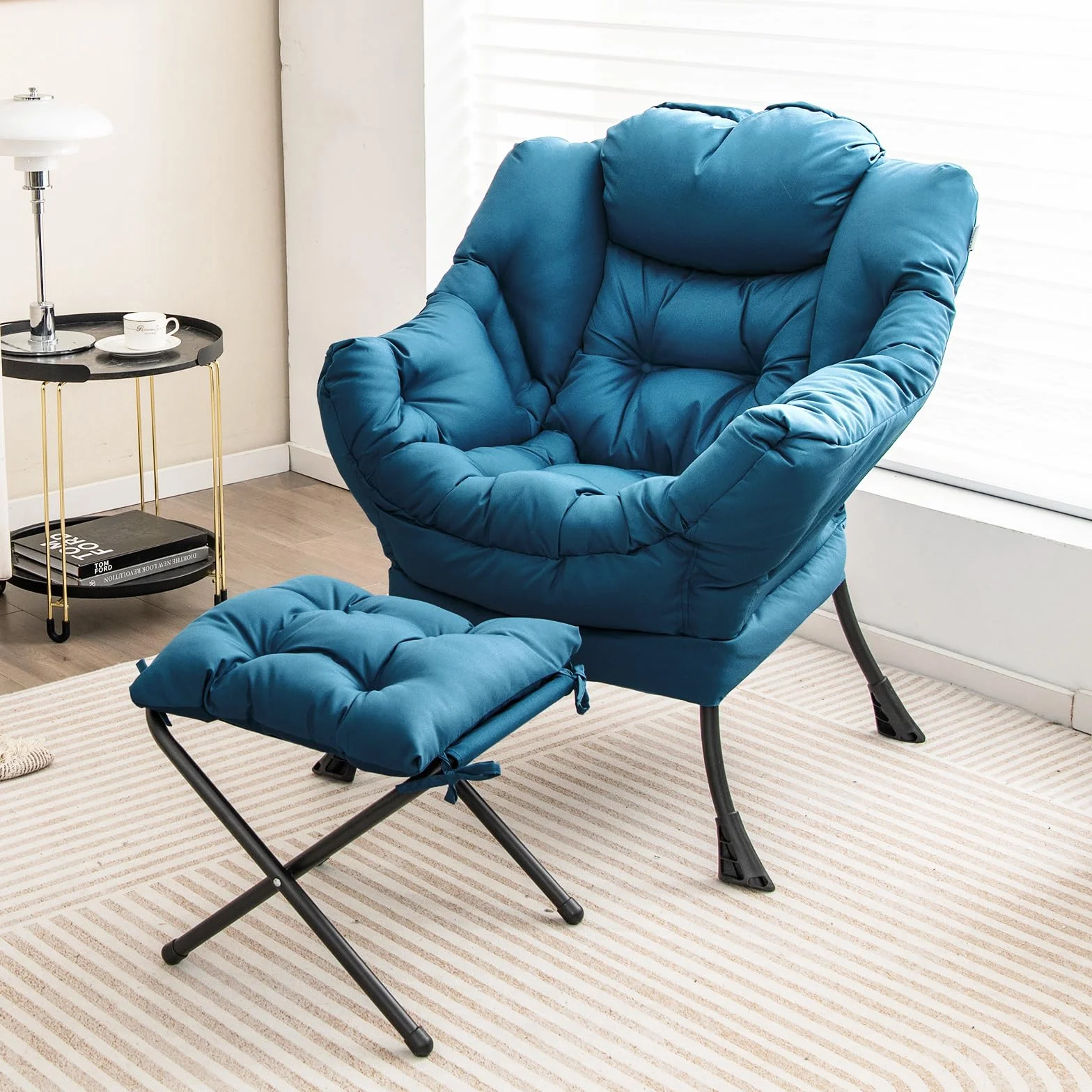 COSTWAY Sillones para el Salón con Reposapiés, Butaca Dormitorio con Almohada, Reposabrazos, Bolsillo Lateral, Sillón de Relax Sala Dormitorio Oficina (Azul)