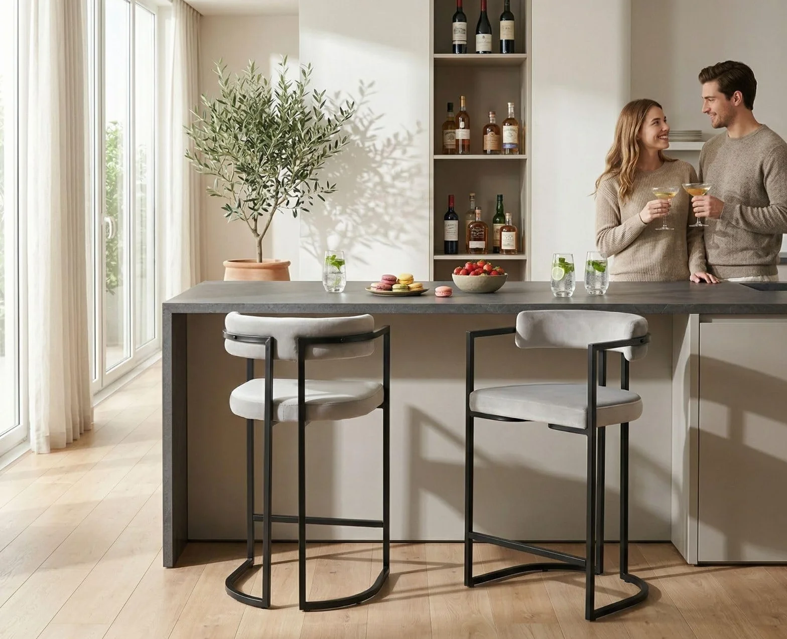Ya-Home 2X Taburetes Altos de Cocina Modernos Sillas Bar de Terciopelo con Respaldo,Taburetes Altos de Mostrador con Patas Metálicas para Isla de Cocina/Restaurante,Gris