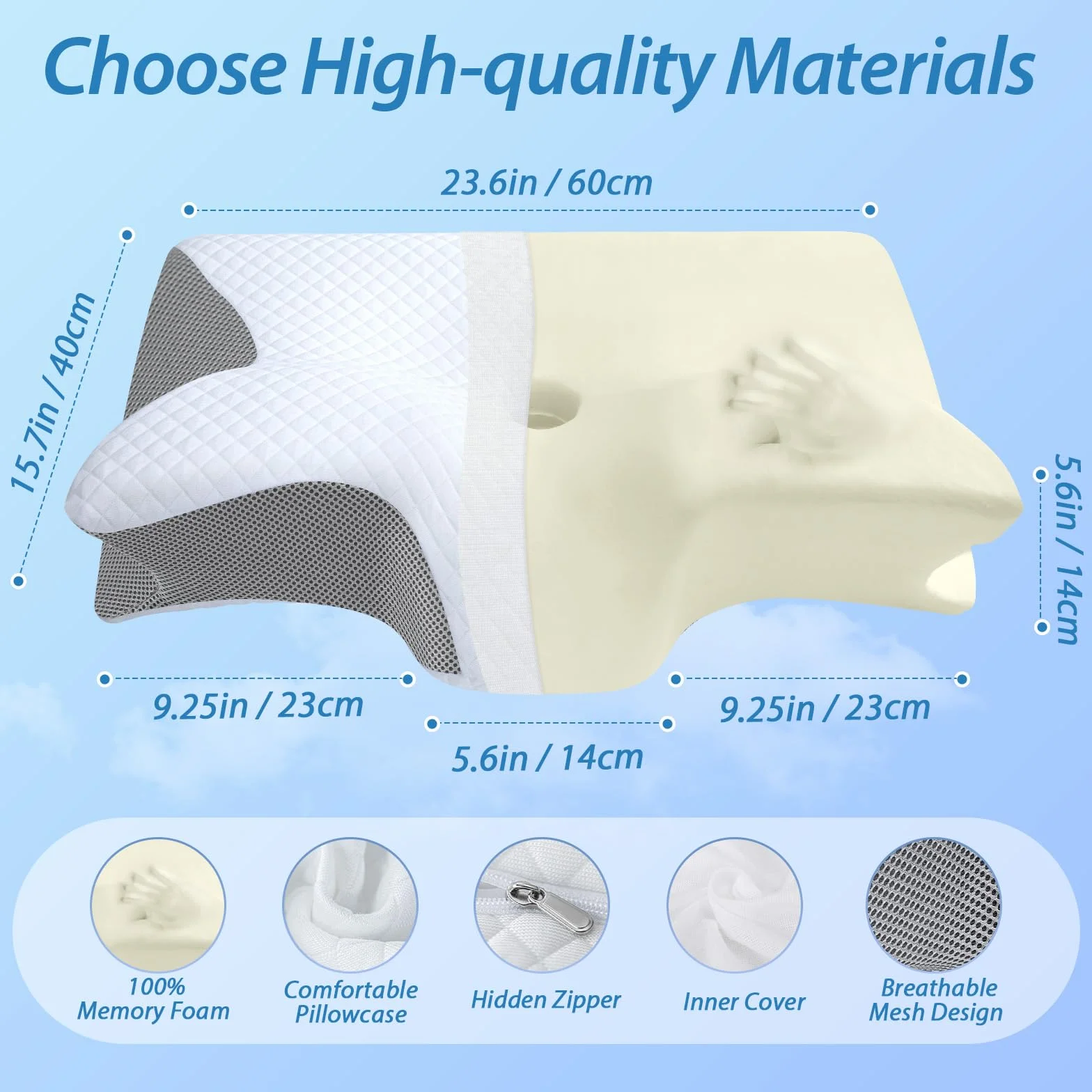 HOMCA Almohada Cervical 2 en 1 Ergonómico Espuma de Memoria 60x40x12/14cm Gris