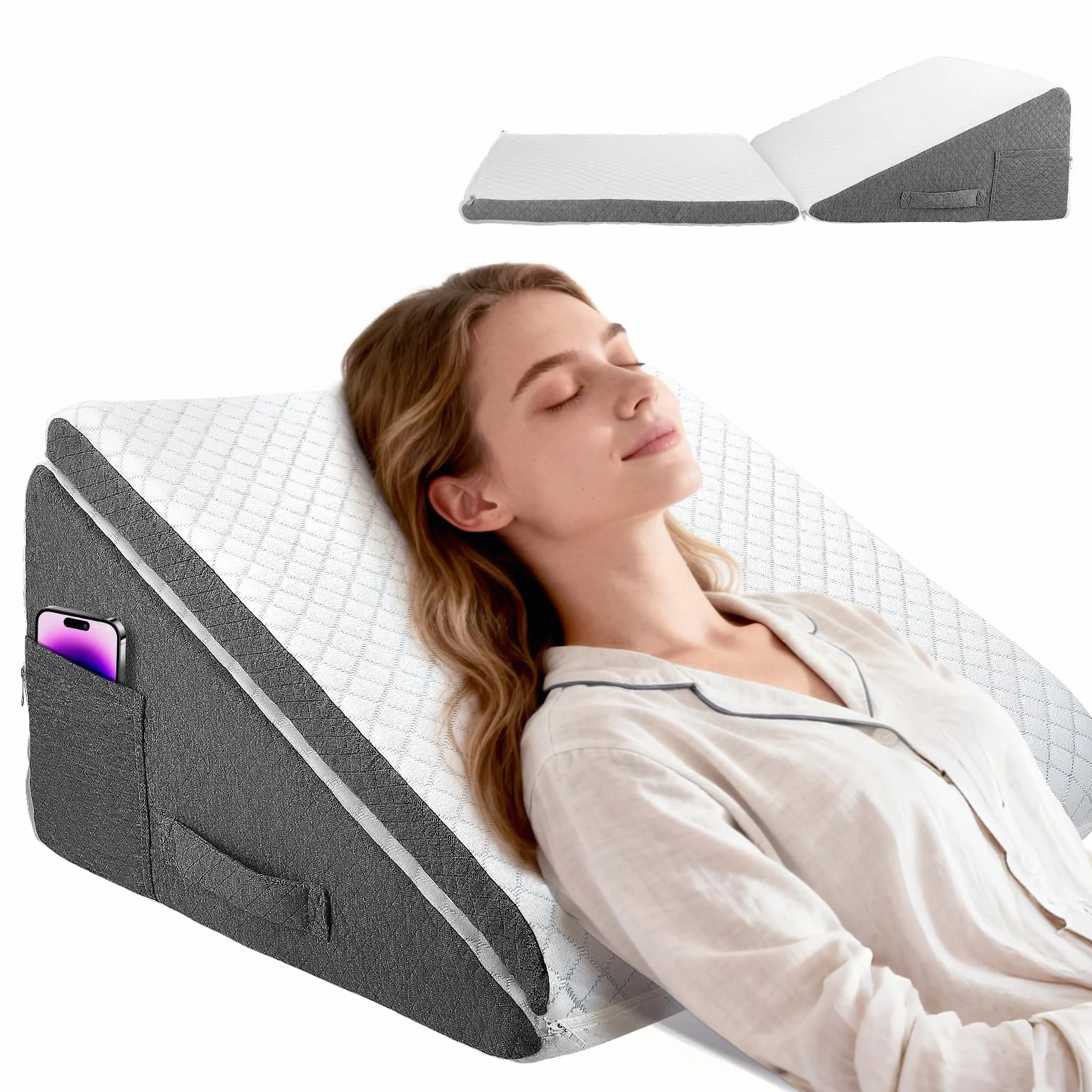 Almohada de cuña para cama y sofá con espuma viscoelástica, 50 x 50 x 26 cm - Almohada de descanso ajustable en altura, almohada de lectura para sofá/cama, para asiento y piernas, funda lavable