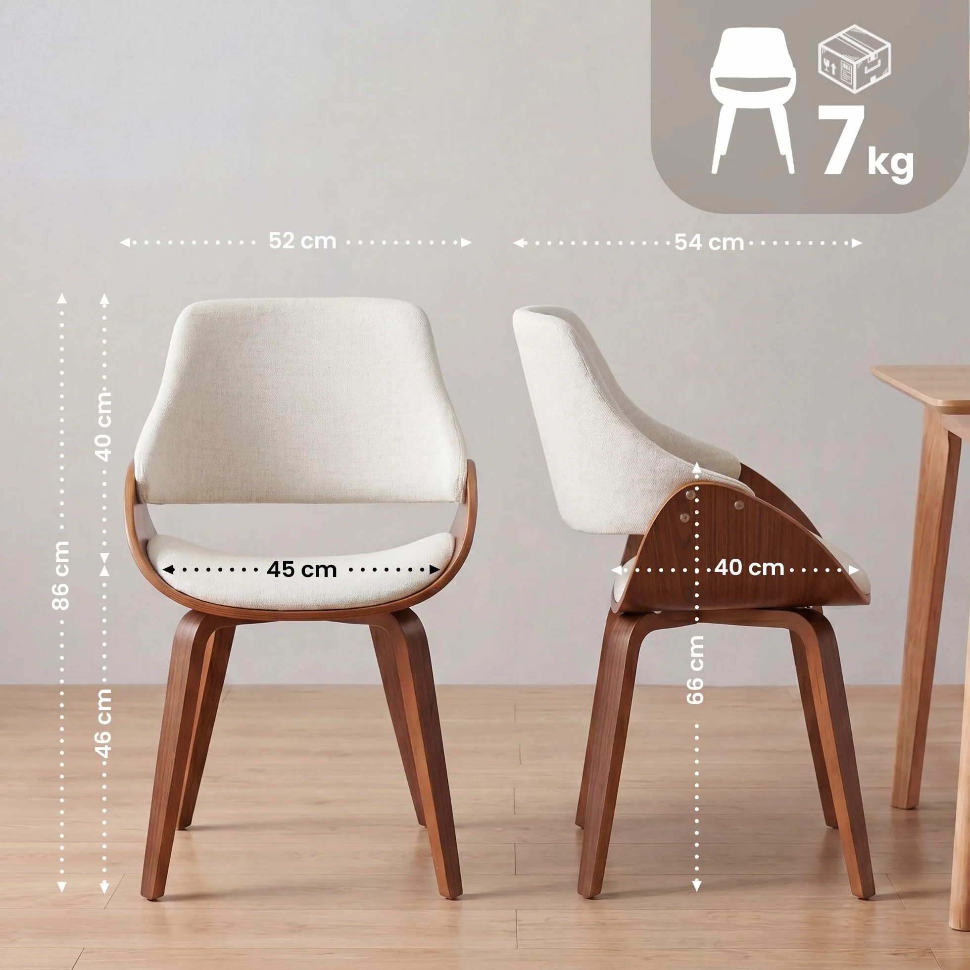 CLP Silla de Comedor Vangale Tapizada con Respaldo, Diseño Moderno con Estructura de Madera Curvada para Salón, Color:Nuez/Crema, Material:Tela