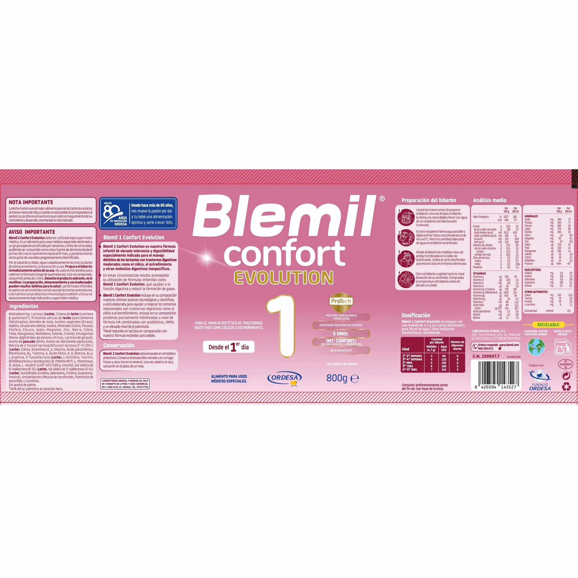 Blemil 1 Confort Evolution 800g Fórmula de Inicio en Polvo para Bebé