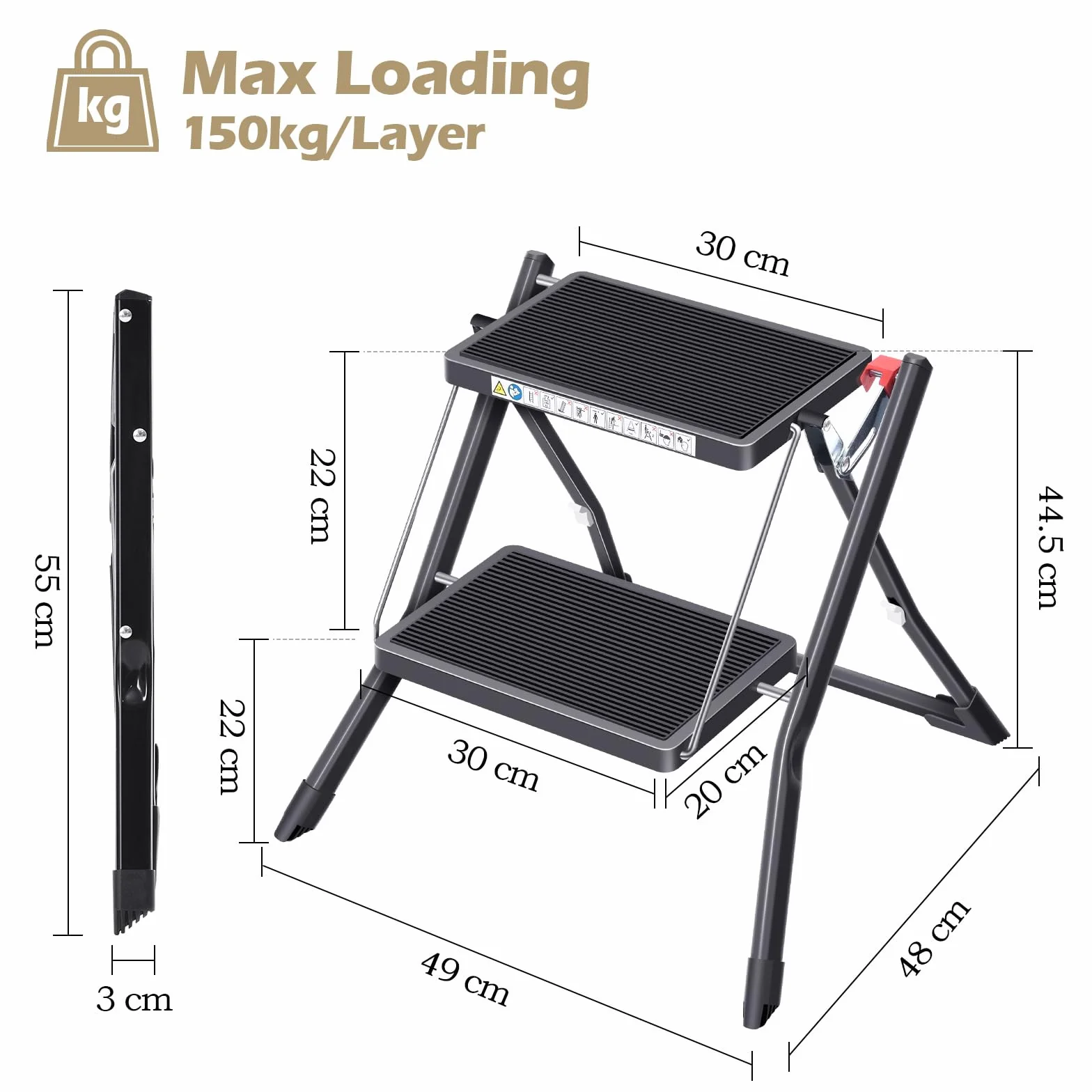 KINGRACK Taburete Plegable con Alfombrilla de Goma Antideslizante Acero Ligero 150 kg 2 Pasos Negro