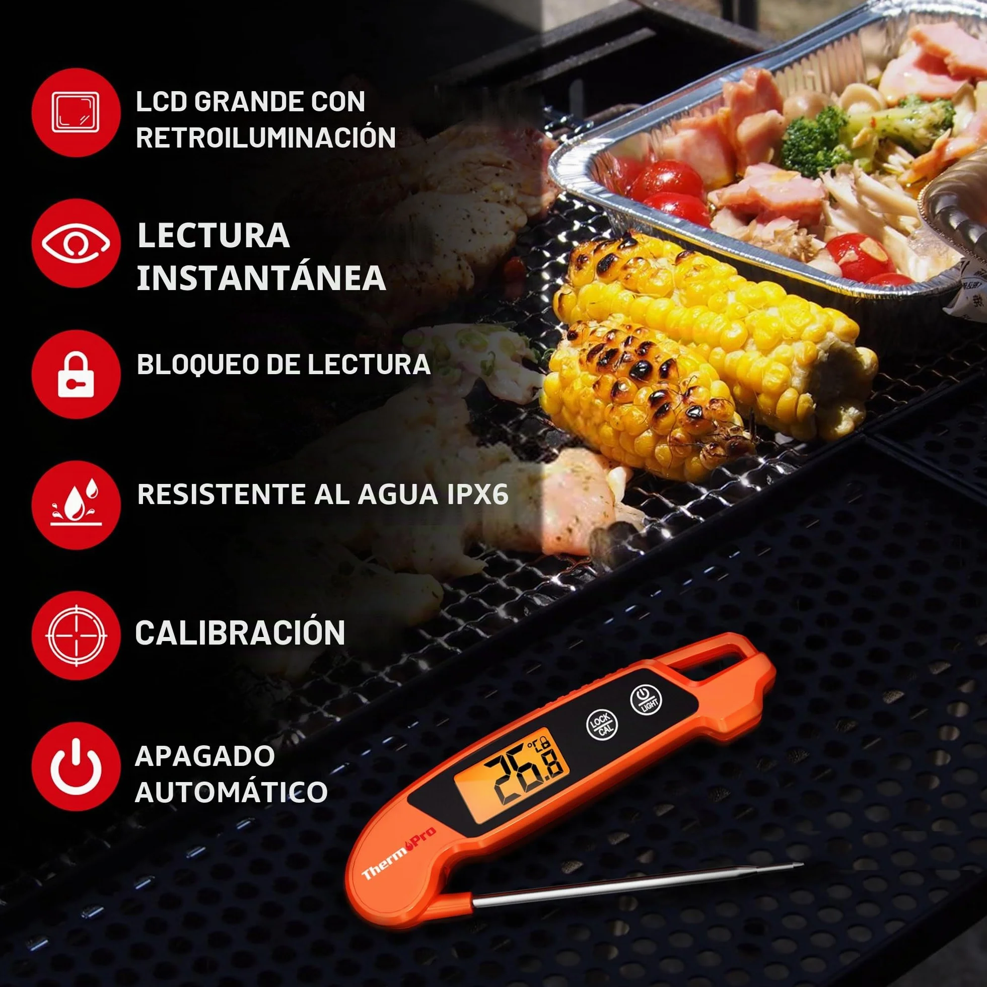 ThermoPro TP603 Termómetro de Cocina Digital, Termómetro Carne Lectura Instantánea, IPX6 Impermeable, Pantalla LCD Retroiluminada, Sonda Plegable para BBQ, Parrilla, Horno, Aceite, Caramelo(Naranja) | Termómetro de cocina LCD de lectura inmediata con retr