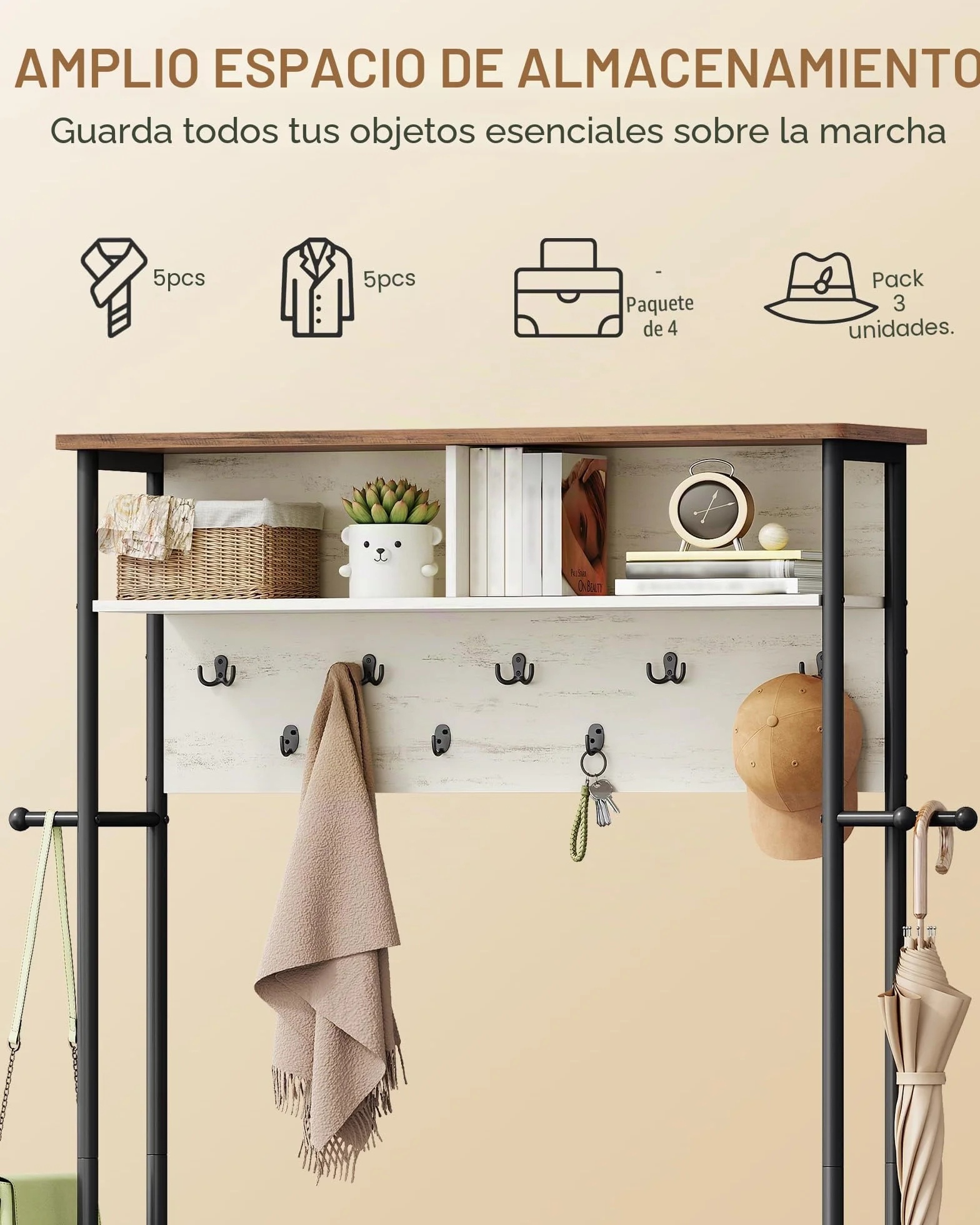 Hzuaneri Perchero Recibidor con Banco Zapatero con 12 Compartimentos, 13 Ganchos, 31 x 110 x 187 cm, Industrial, para Pasillo, Entrada, Marrón y Blanco HT17914B
