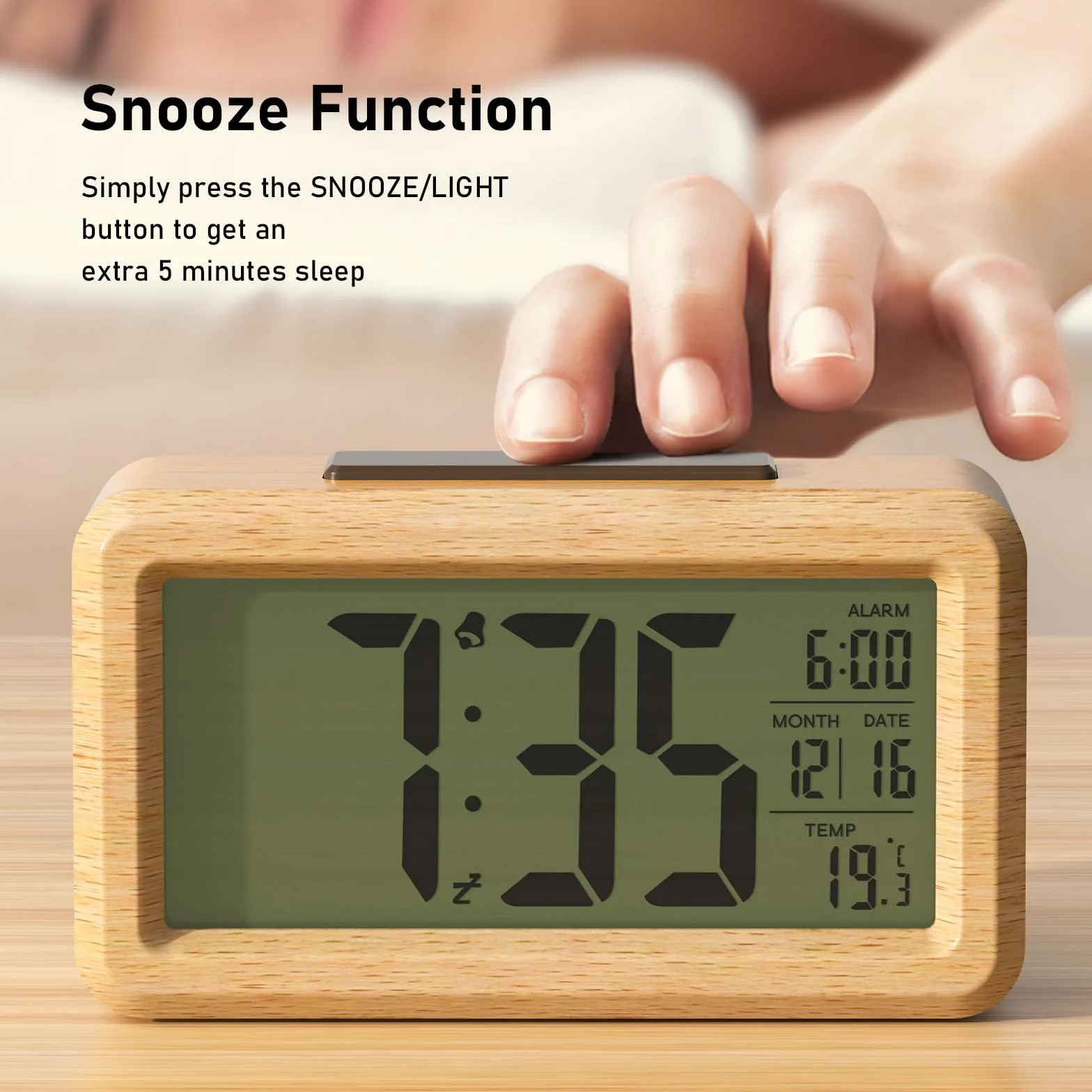 Despertador Digital de Madera, Reloj Despertador Digital Pilas con Pantalla LCD Grande, Retroiluminación, Fecha, Temperatura, Sensor de Luz Automático, Snooze (3 Pilas AAA Incluidas)