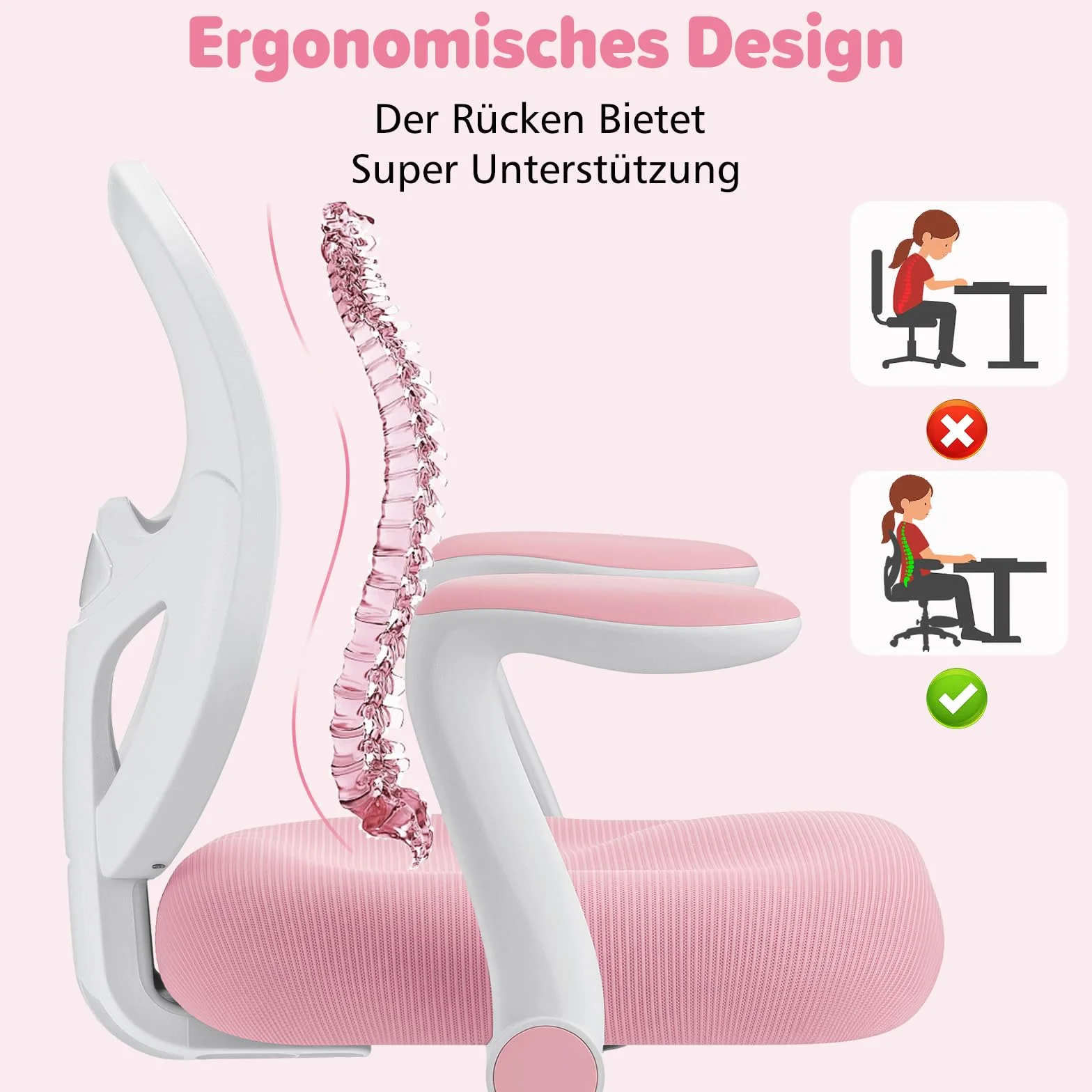 HOFFREE Silla de escritorio para niños, ergonómica, con reposabrazos plegable y reposapiés, giratoria, para niños y niñas, silla de mesa de malla para dormitorio, libros, rosa