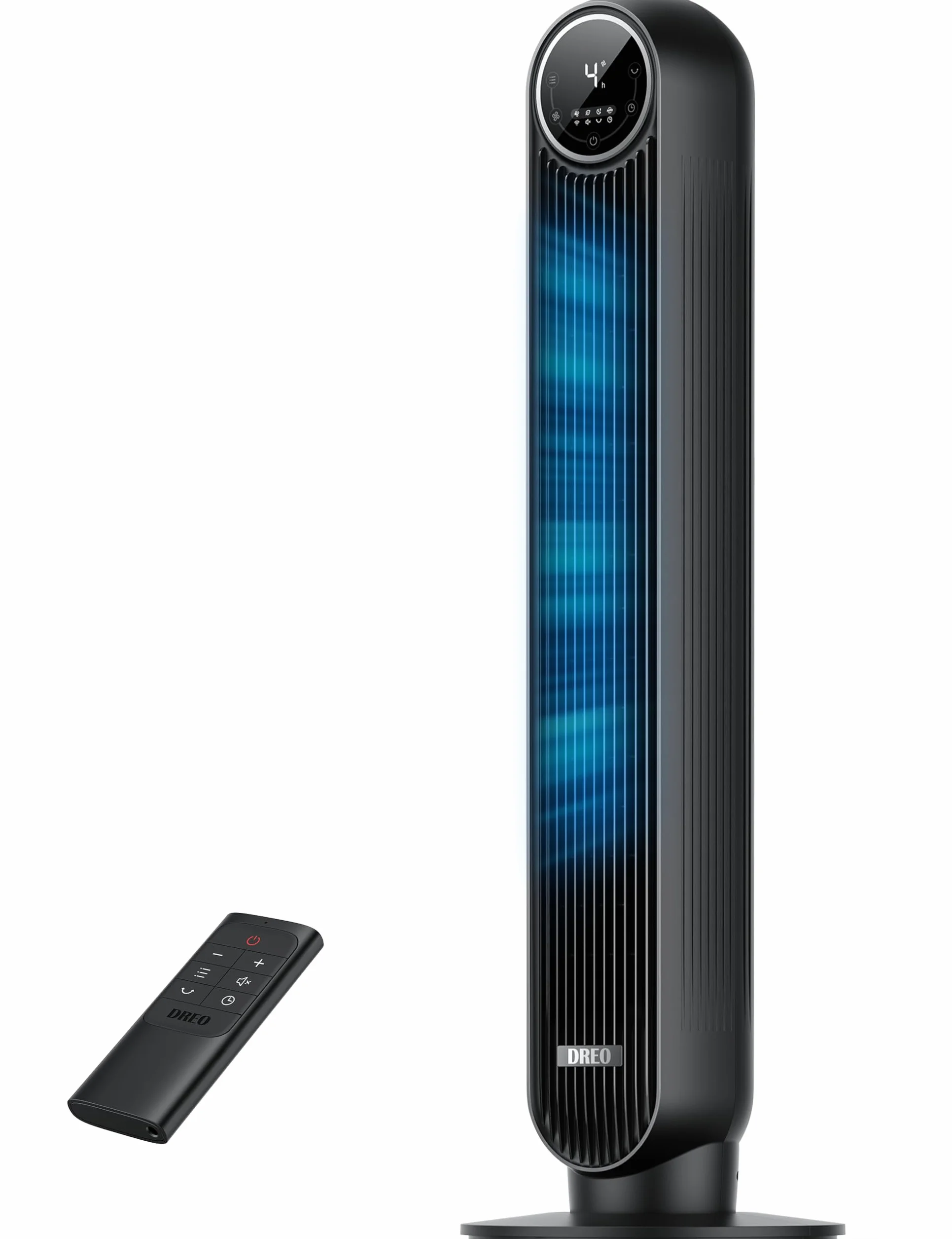 Dreo Ventilador de Torre Silencioso 20dB, 7,6 m/s, 4 Velocidades, Rotación 90°, Temporizador 8H, LED, Mando, Negro