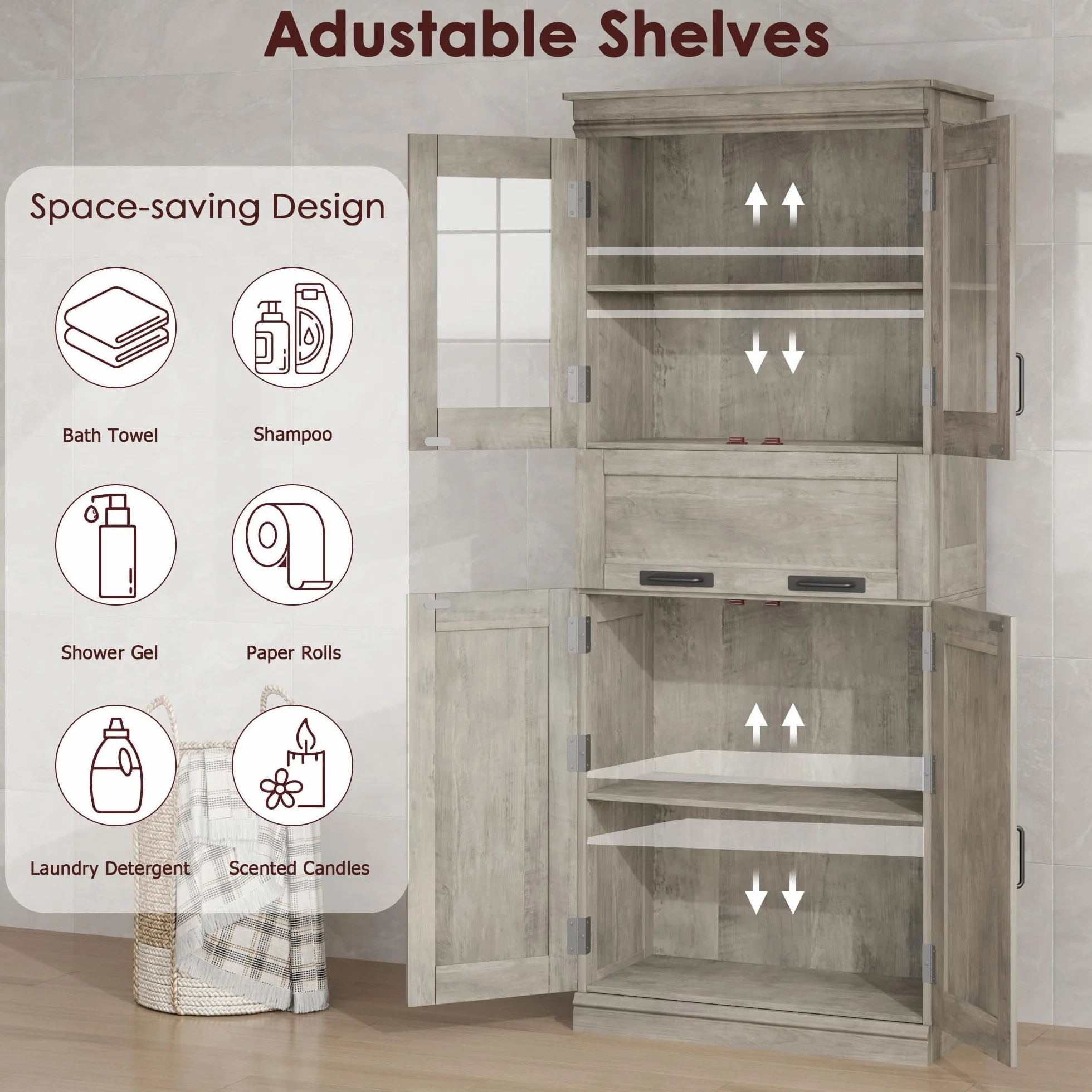 Armario de Baño Estilo Clásico Antiguo, Premium Ancho, Gran Almacenamiento, Ideal para Cocina, Baño y Salón. Estructura de Madera Maciza. 60 × 30 × 170 cm, Color Gris