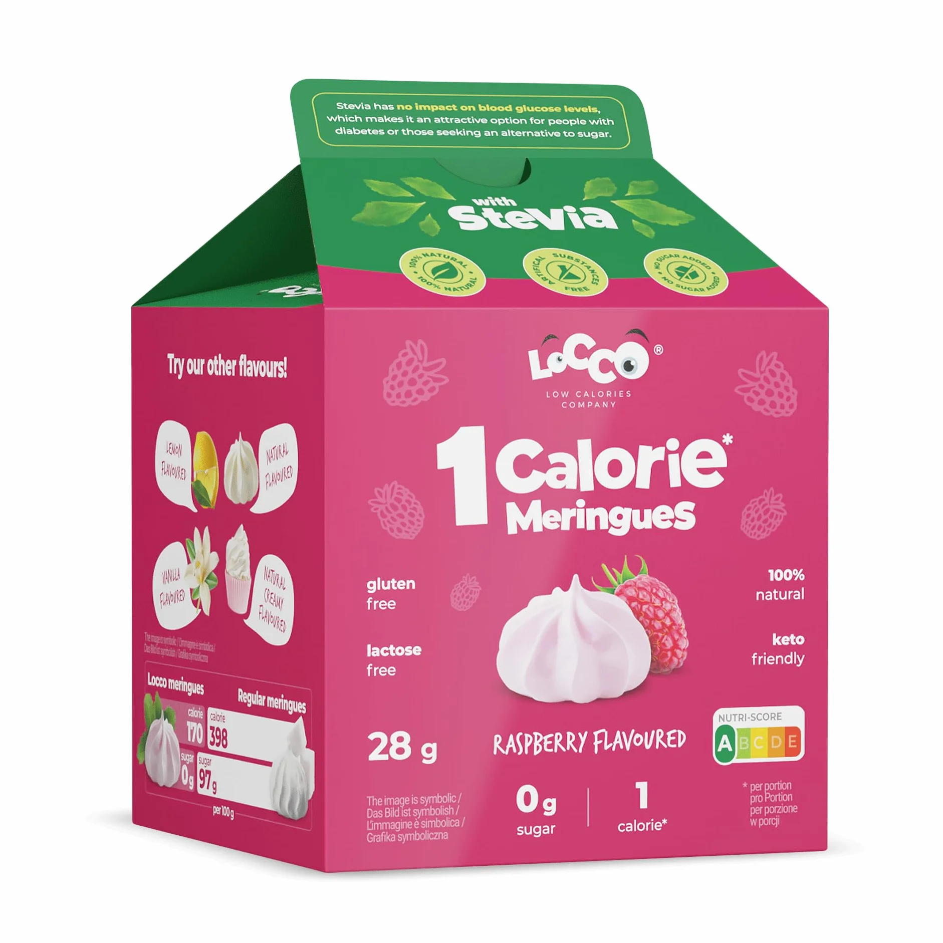 LoCCo Merengues Sin Azúcar Frambuesa Snack Keto Bajo en Calorías con Stevia Low Carb Rico en Proteínas y Fibra