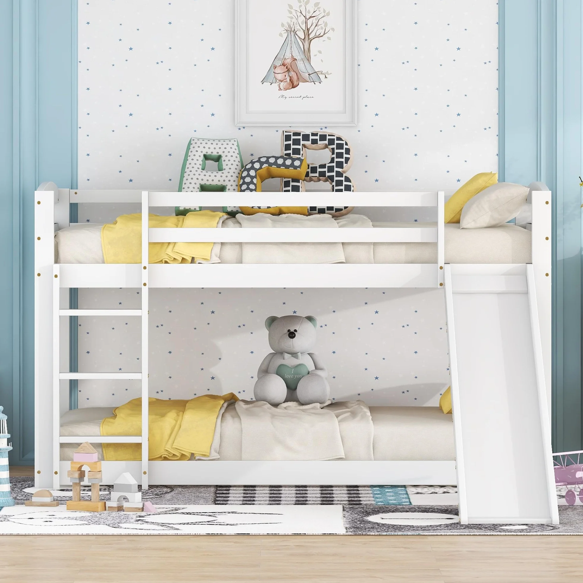 Idemon litera para niños y jóvenes, cama infantil con tobogán, estructura de madera maciza, montaje sencillo, 90x200 cm (blanco)