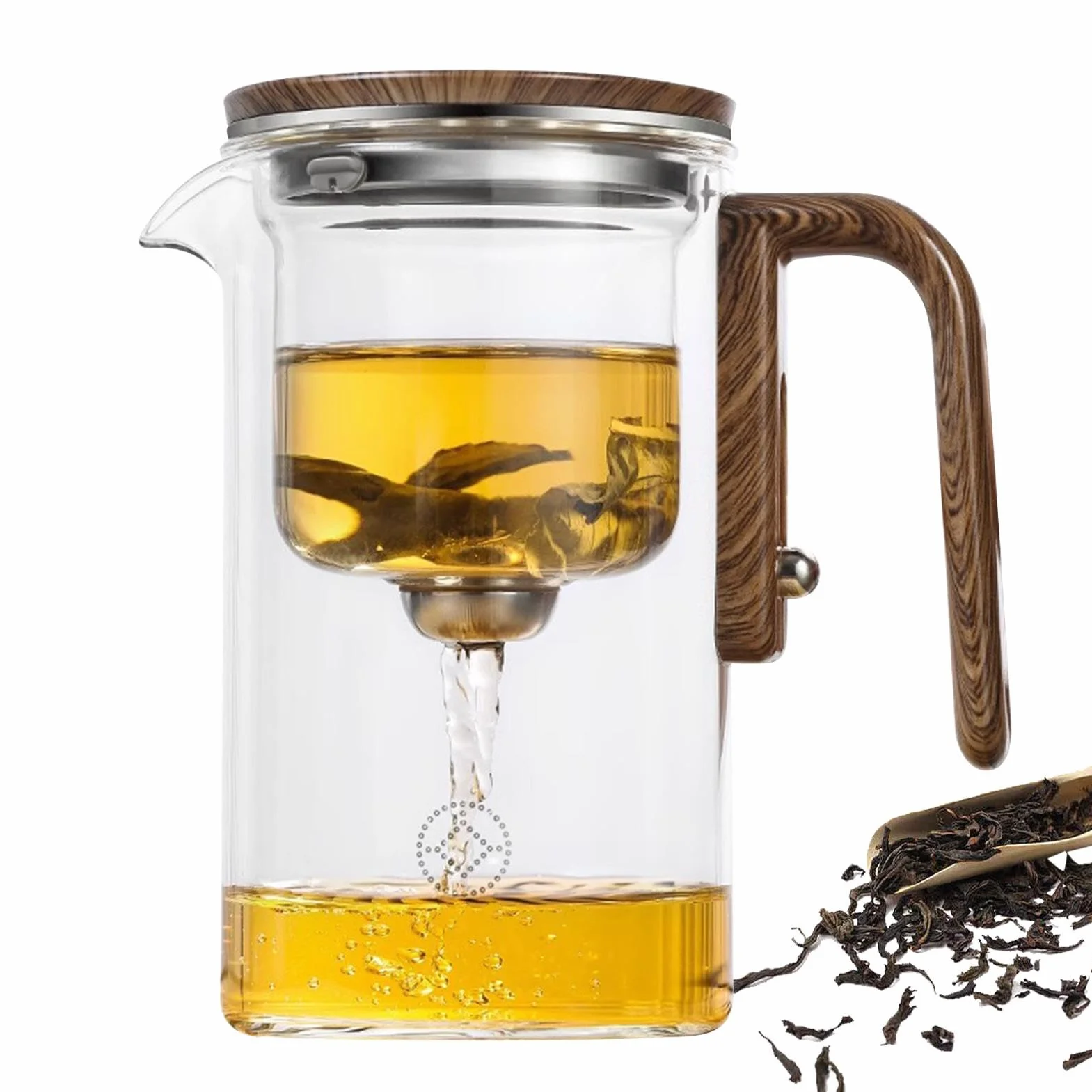 de vidrio, infusor de té de vidrio con infusor | Jarra transparente resistente al calor con mango de madera | Hervidor de té a prueba de fugas para apartamento, lugar de trabajo