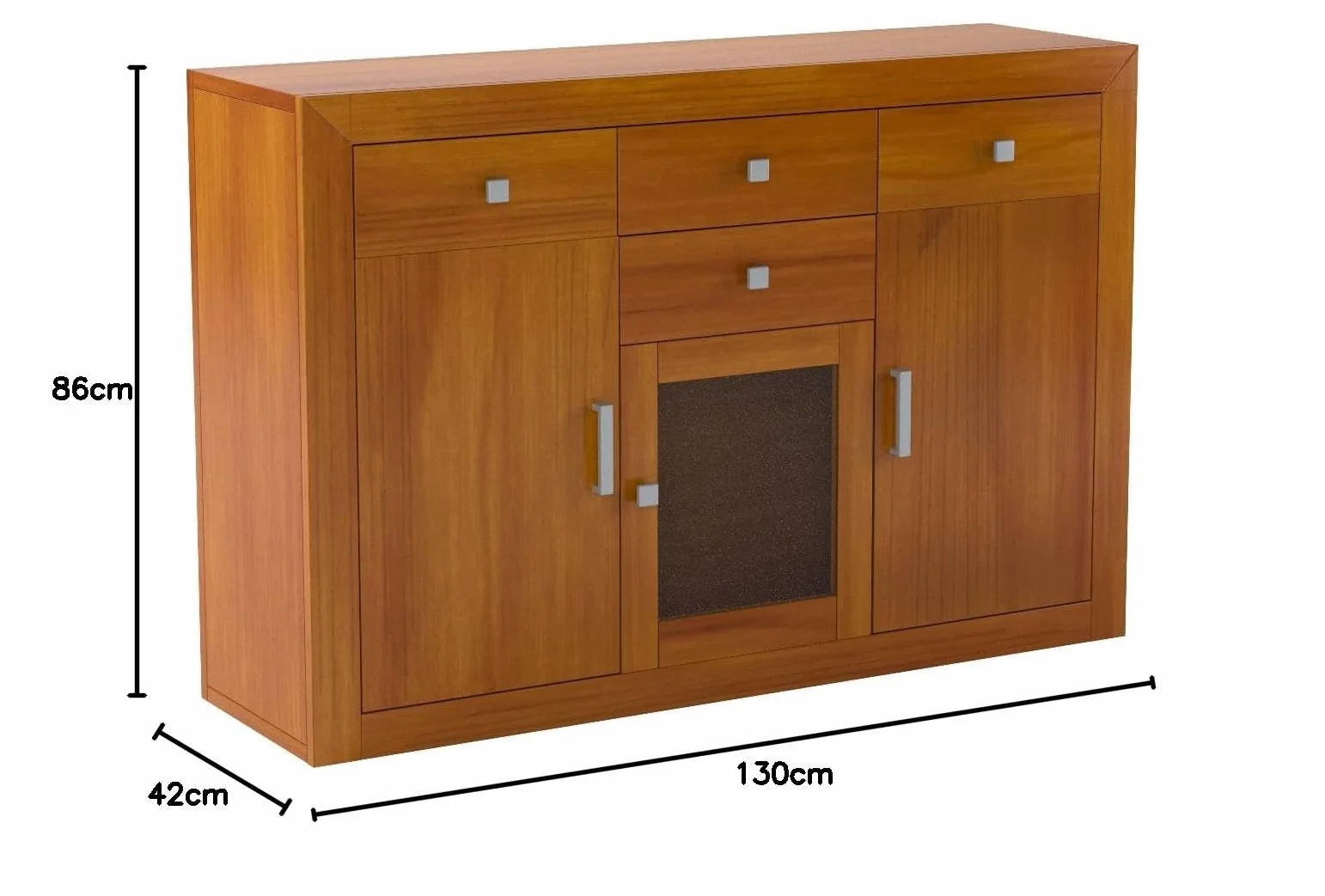 Dogar Moblit,Aparador Tres Puertas Cuatro Cajones, realizado en Madera de Pino Macizo Natural. Color Cerezo Claro, Serie Kalpe,Medida (86X130X42) Cm (Alto/Ancho/Fondo),Salon, Cocina,Entrada o Comedor