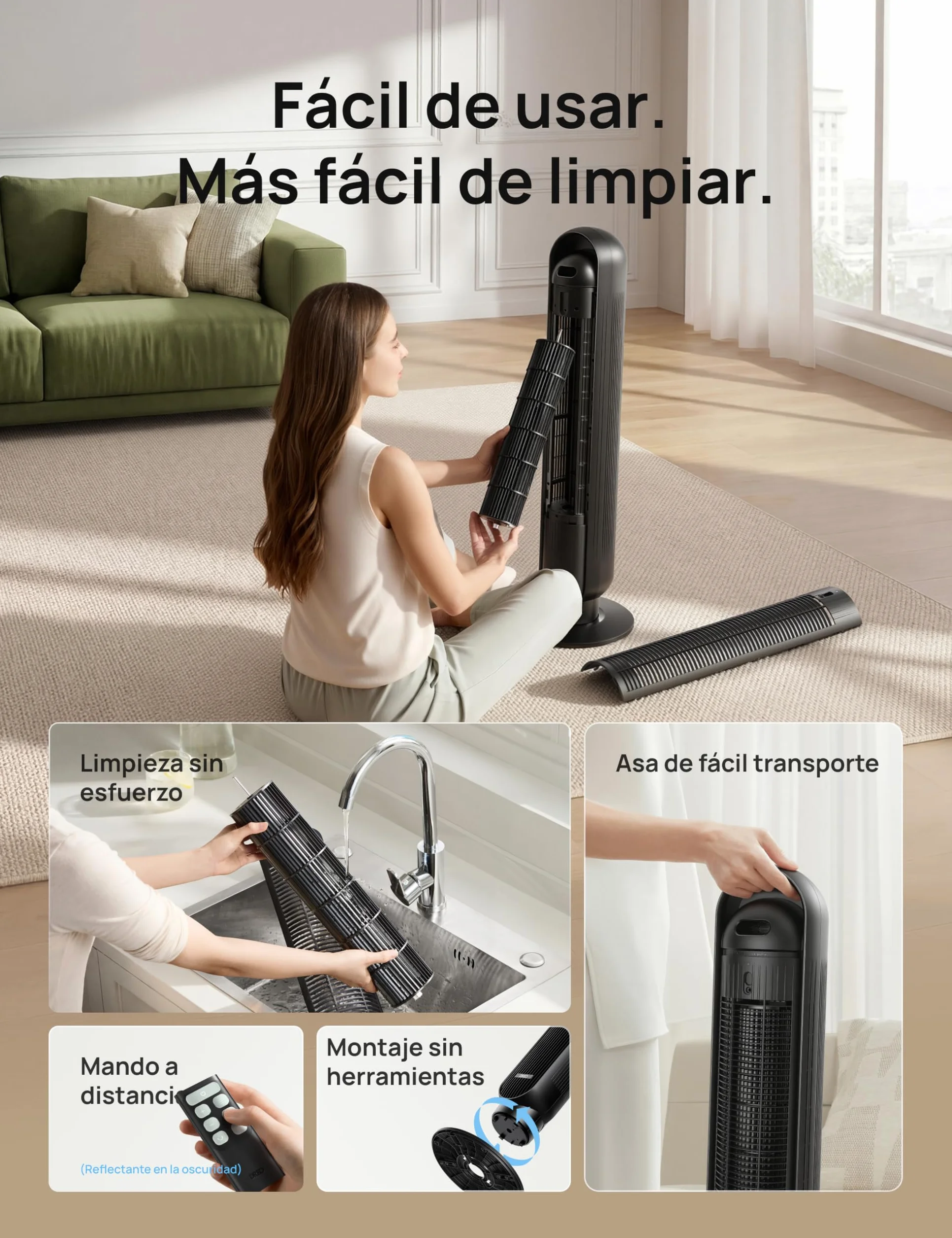 Dreo Ventilador de Torre Silencioso 20dB, 7,6 m/s, 4 Velocidades, Rotación 90°, Temporizador 8H, LED, Mando, Negro