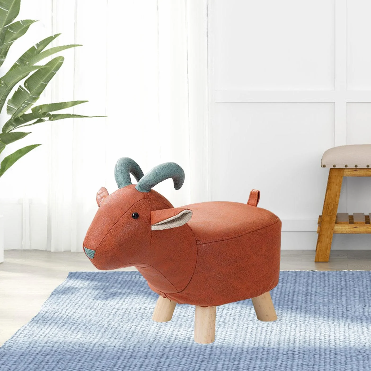 Perfk Madera Reposapiés Otomano Animal Portátil Multifuncional Taburete de Té Cabra Roja