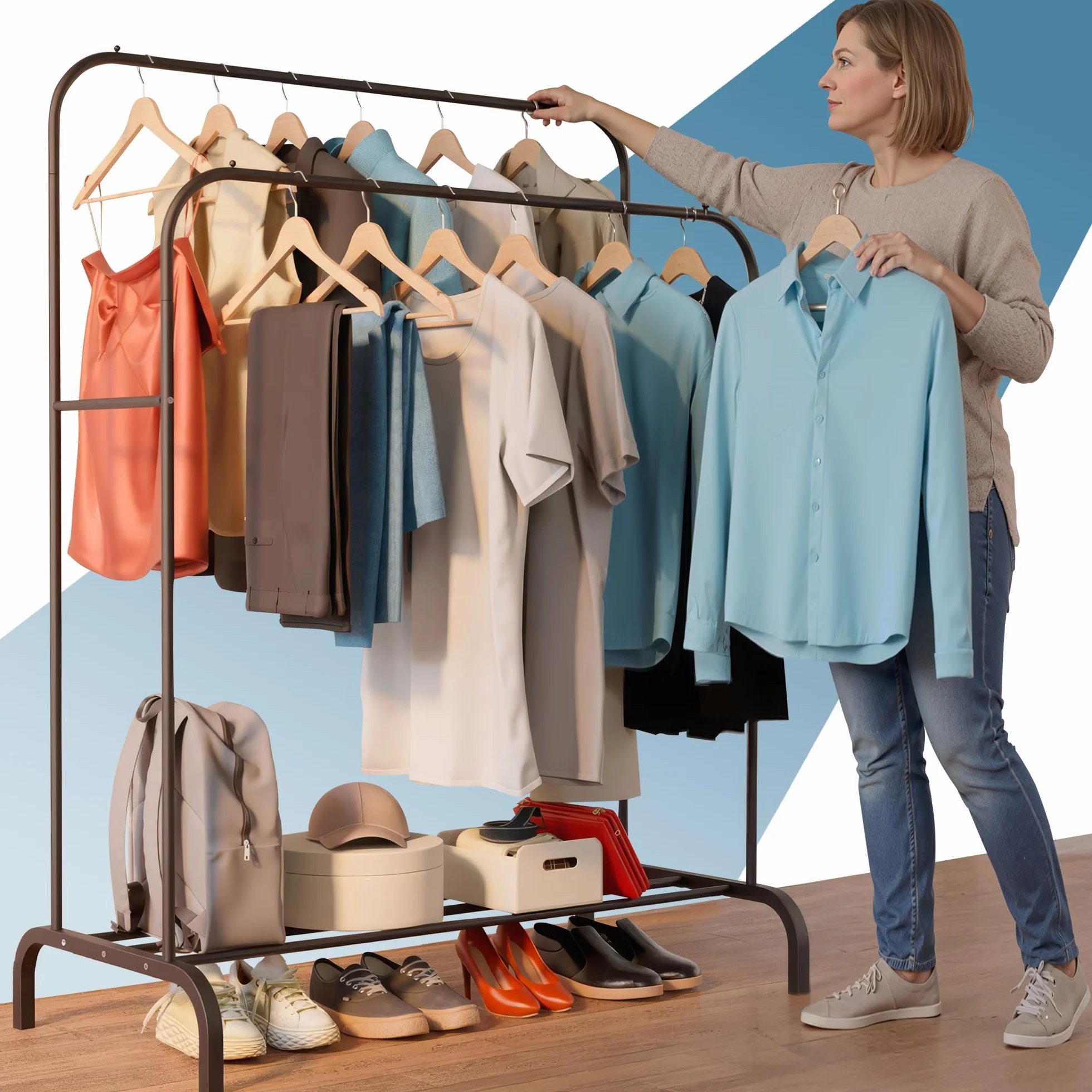 PORTENTUM Perchero de pie acero resistente 35 kg Organizador doble barra zapatero antideslizante