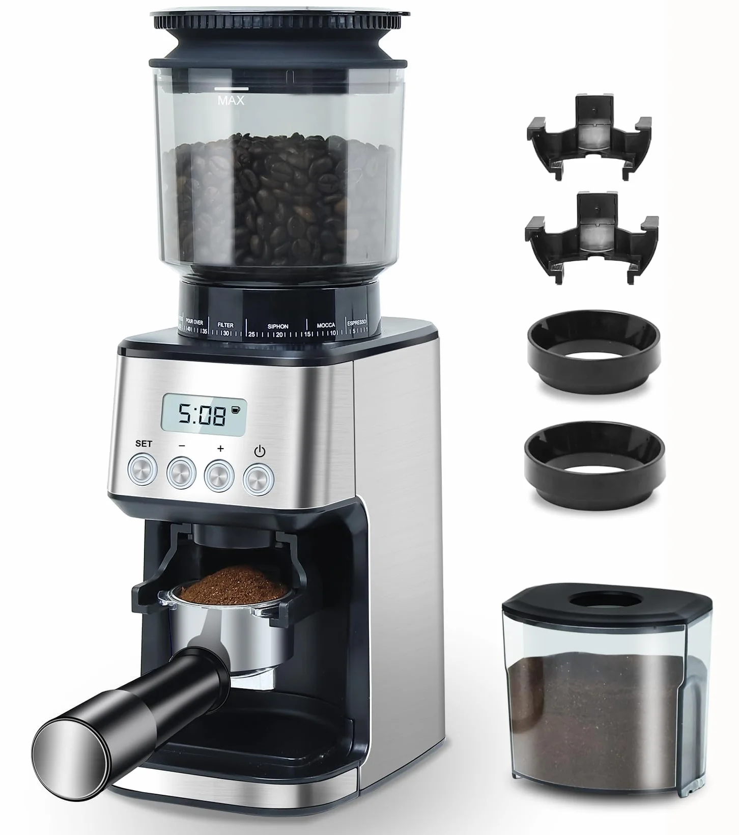 Homtone Molino de Café Eléctrico, 51 Niveles de Molienda Ajustables, Molinillo Cónico de Acero Inoxidable, Tecnología Antiestática, para Espresso, Café de Filtro y Prensa Francesa, 160 W (Plata)