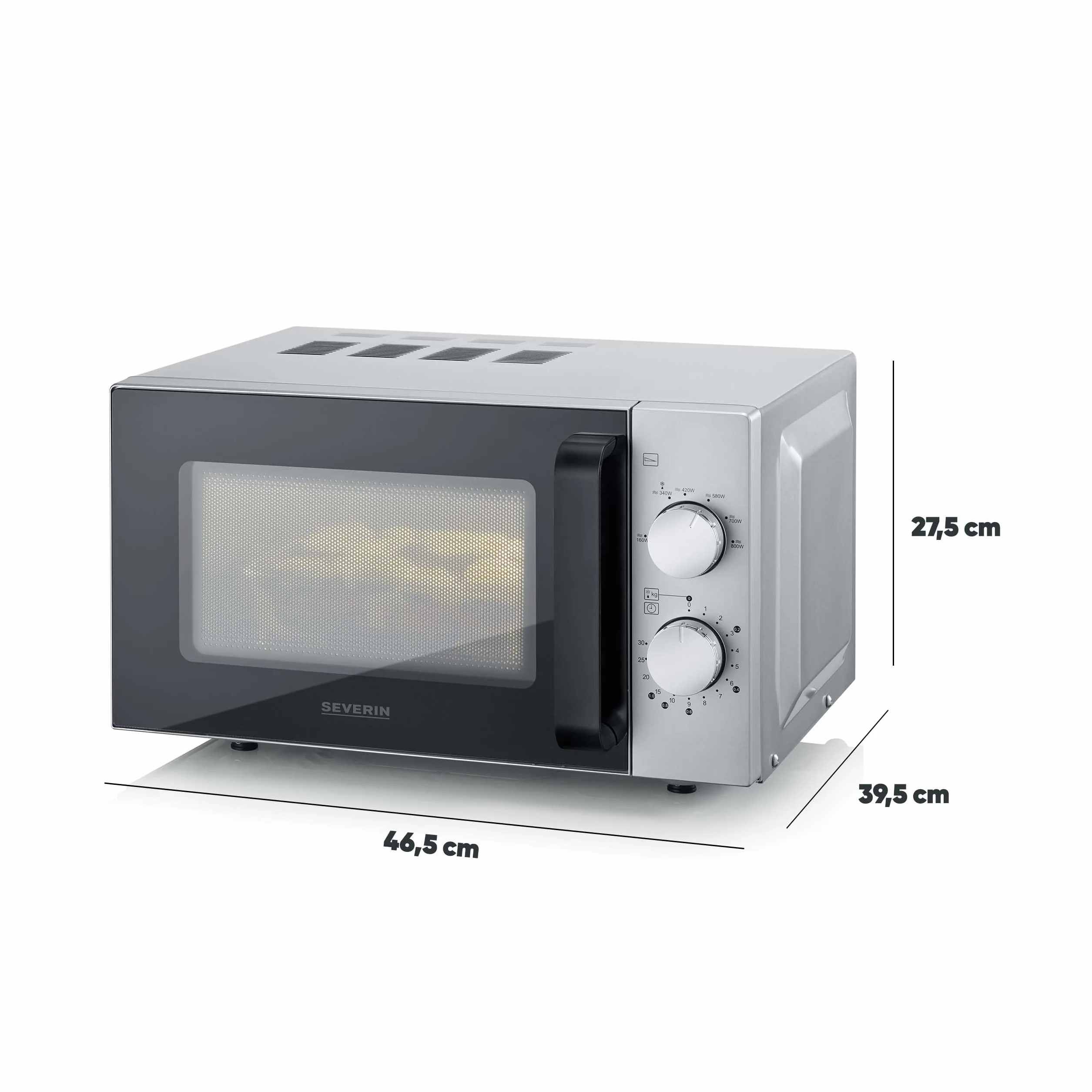 SEVERIN Microondas Flatbed 20 l, 800 W, interior plano, sin plato giratorio, calentamiento uniforme, 6 niveles de potencia, 2 mandos de control manual, negro mate, acero inoxidable, MW 9184