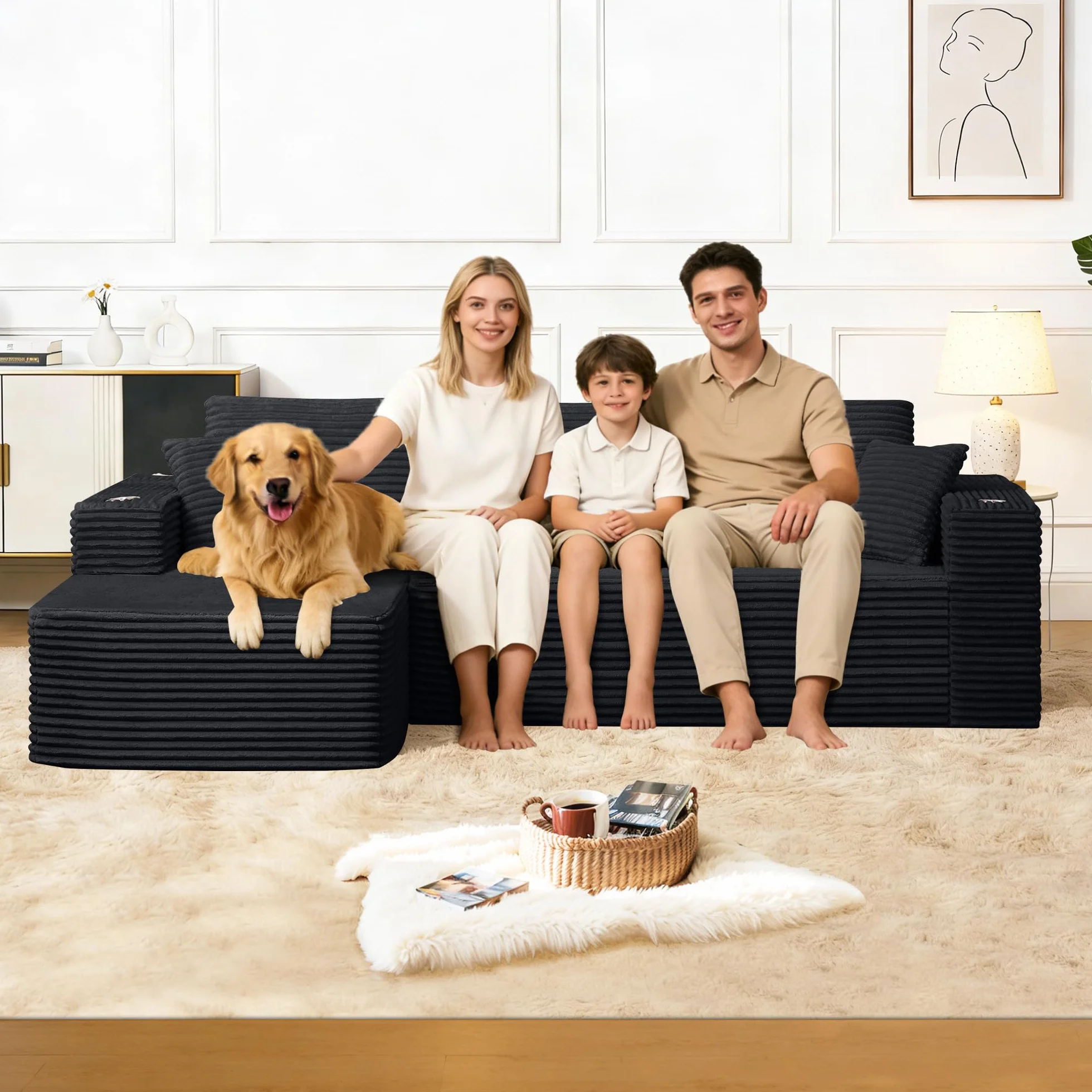 Sofa Modular sofás Comprimidos al vacío, Sofa Cama Chaise Longue 102 inch/261cm Sofá de Suelo Modular sin Estructura con Función de Dormir, Sofá para Salón o Apartamento, Negro