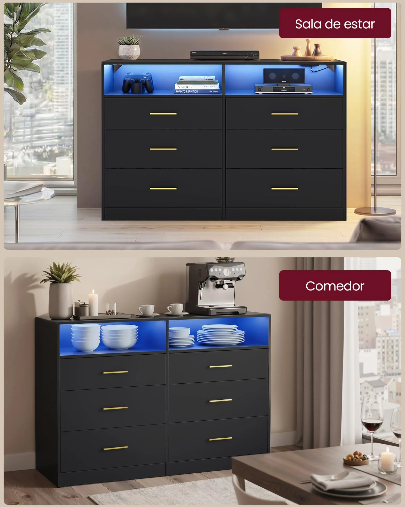 VASAGLE Custos Colección - Cómoda para Dormitorio, con LED y Regleta de Enchufes, Mueble Moderno para TV de Salón, 6 Cajones, 40 x 119 x 81,2 cm, Negro Tinta LTS316BC01