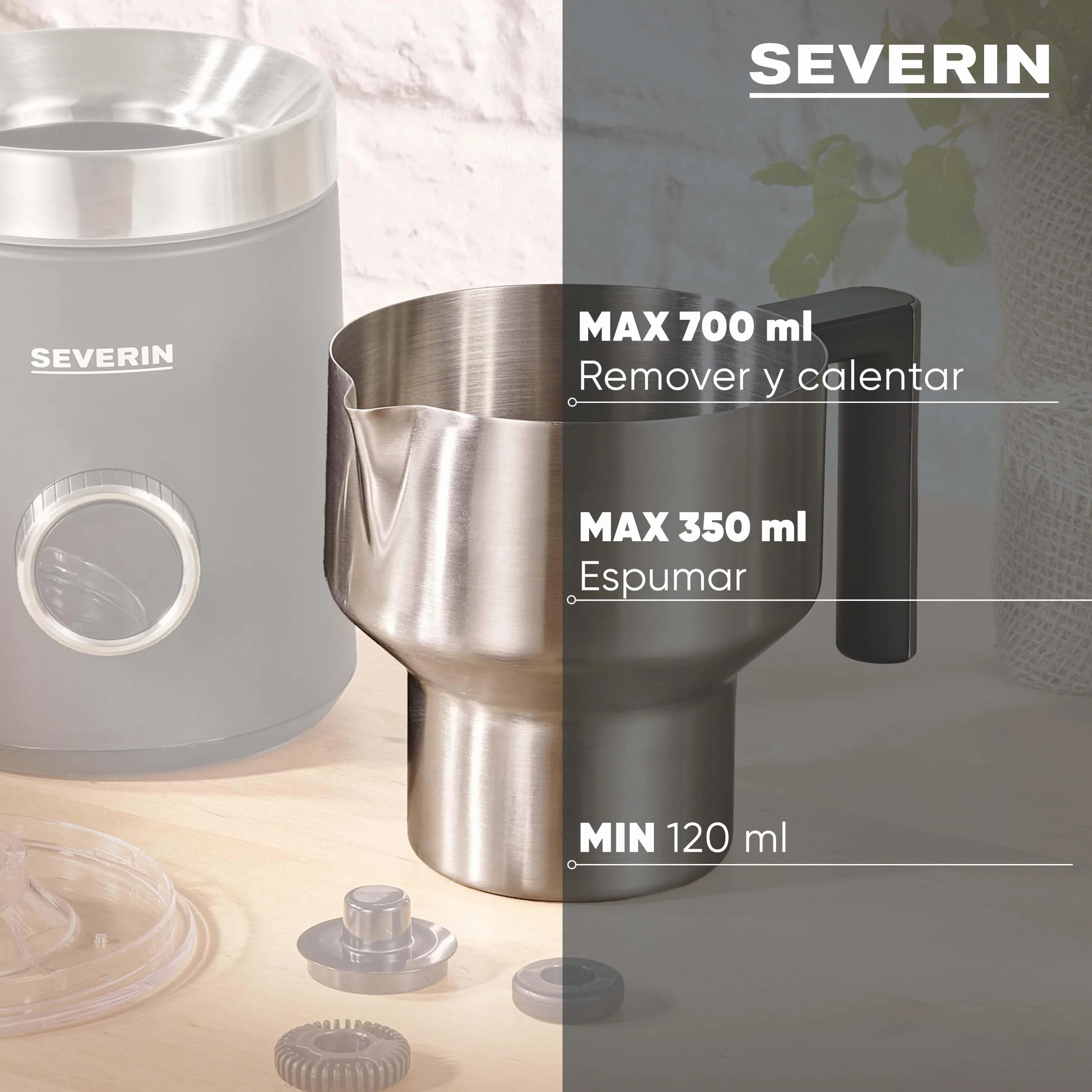 SEVERIN Espumador de leche por inducción Spuma 700 Plus, espumador eléctrico apto para el lavavajillas, bote espumador, acero inoxidable cepillado/negro mate, SM 3587