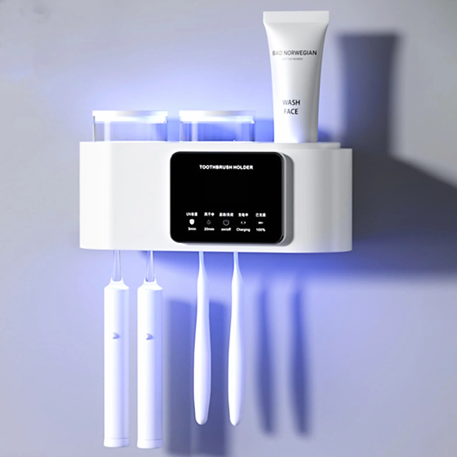 Soporte inteligente para cepillos de dientes para baños, soportes para cepillos de dientes eléctricos con carga solar, soporte para cepillo de dientes montado en la pared con 2 tazas y 4 ranuras para
