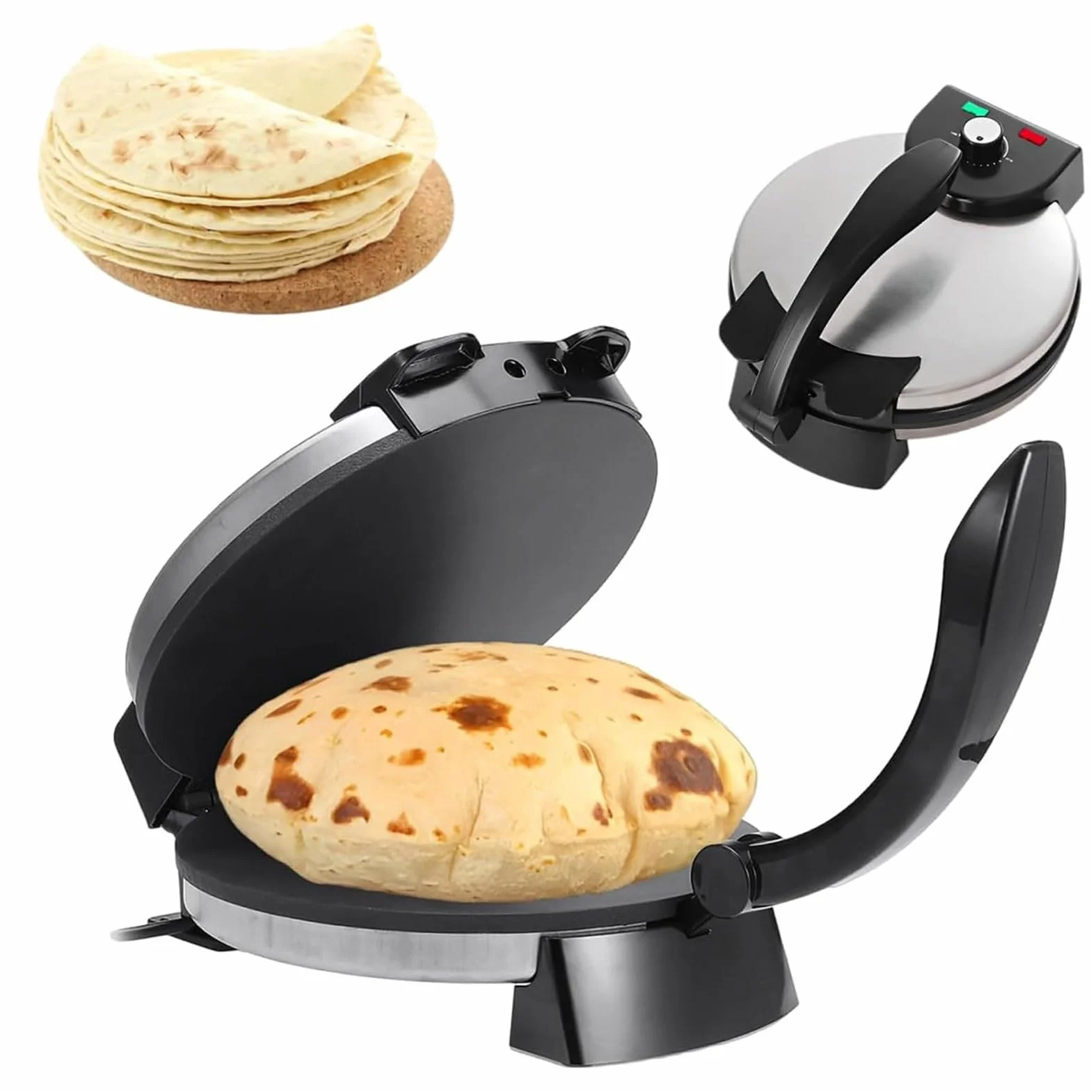 Chapati Maker eléctrico, Máquina for prensar tortillas Roti Maker de 1800 W, máquina automática antiadherente con temperatura ajustable, con placa de cocción de 10'' y calentamiento de doble cara