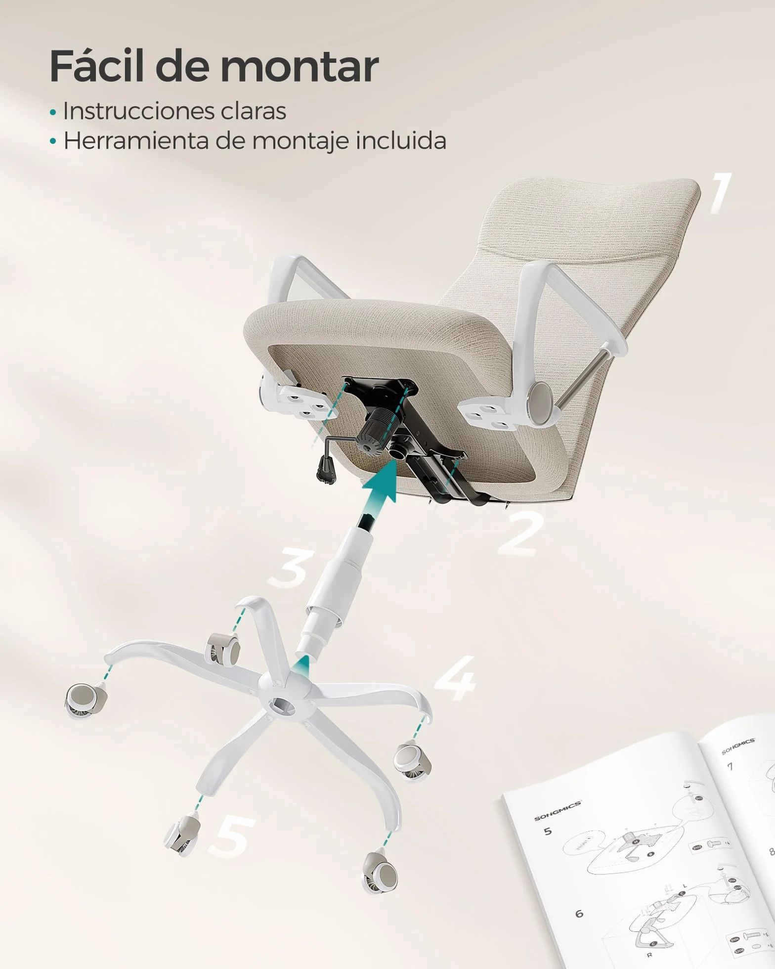 SONGMICS Silla de Oficina Ergonómica Giratoria Regulable Altura Inclinable 120 kg Beige Cappuccino
