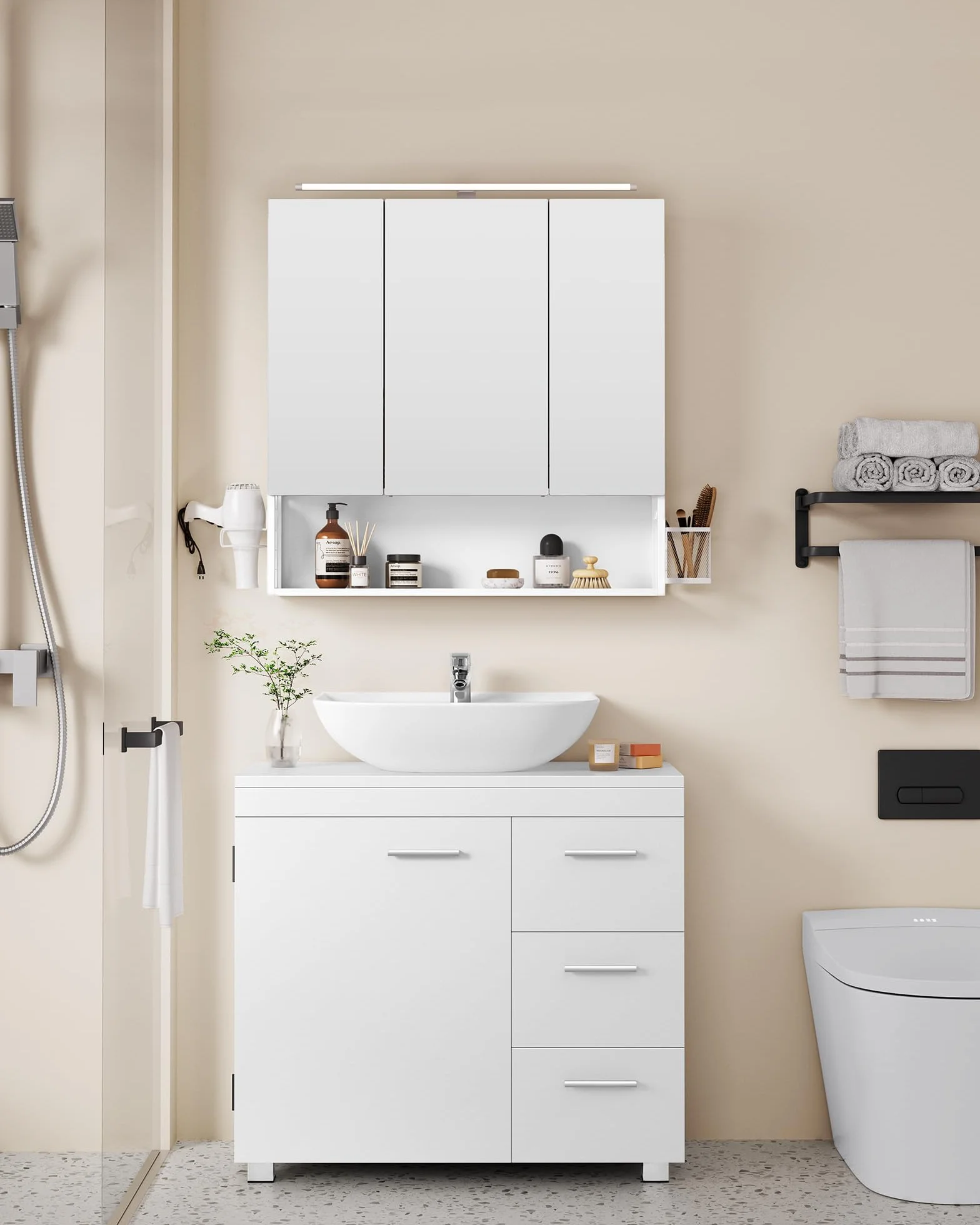 VASAGLE Mueble Bajo Lavabo Armario de Baño 3 Cajones 30x70x64 cm Blanco Nube
