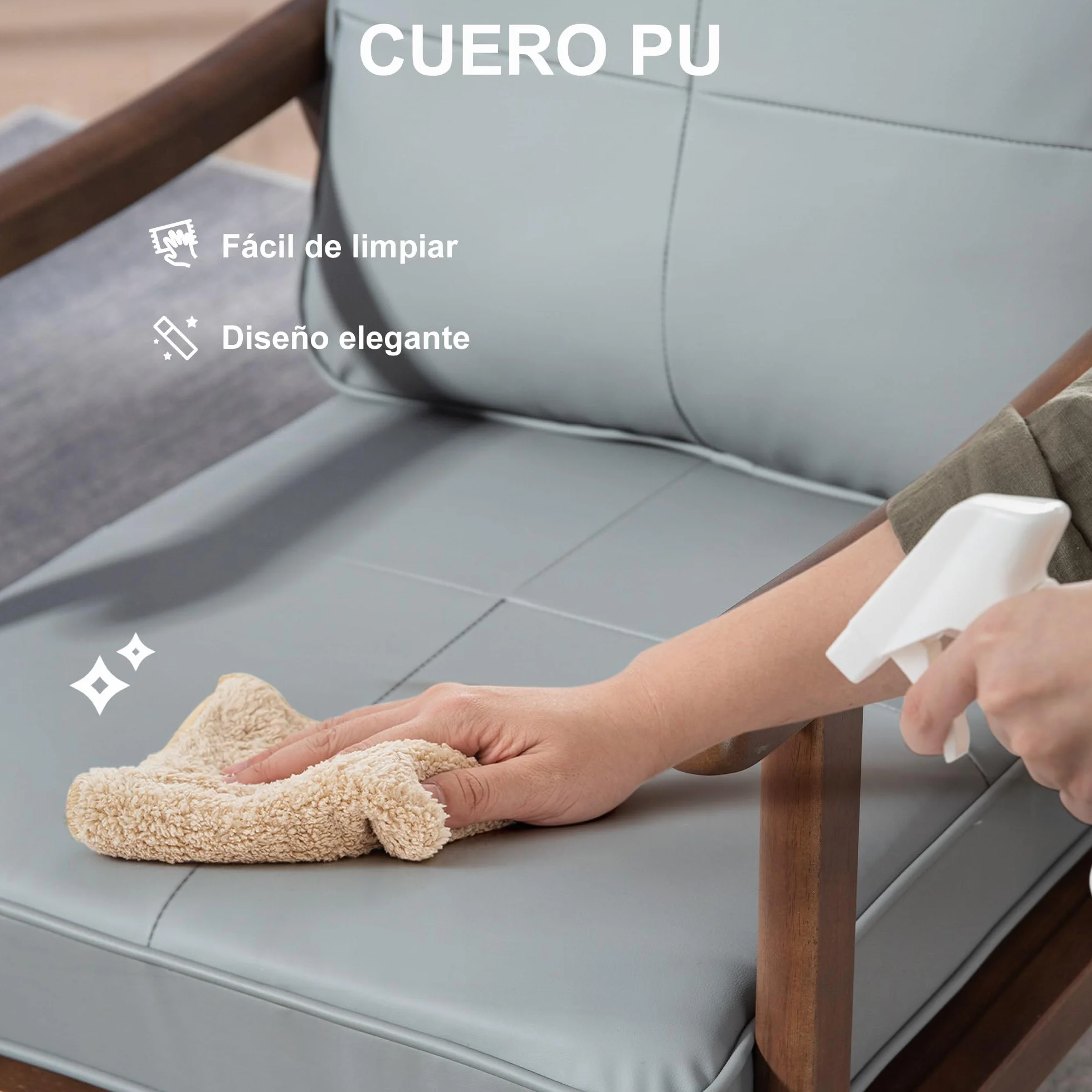 HOMCOM Butaca de Salón Sillón de Salón Tapizado en PU con Marco de Madera Cojines Acolchados Gruesos Respaldo Alto Carga 150 kg Sillón Lectura para Sala de Estar Dormitorio Gris y Madera Nogal