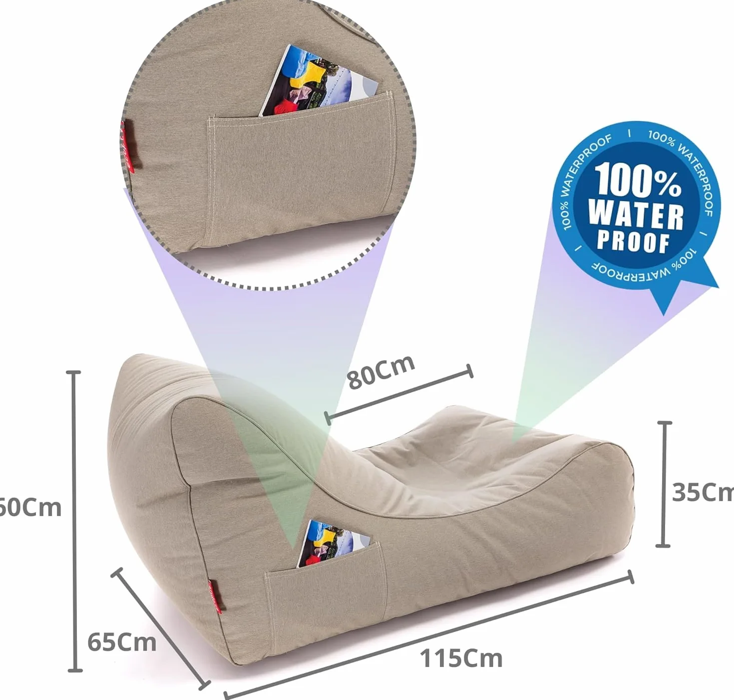 Ecopuf Master – Puf chaise longue de exterior – Sillón con bolsillo lateral – Relleno de bolas de poliestireno – Tumbona de 115 x 65 x 60 cm