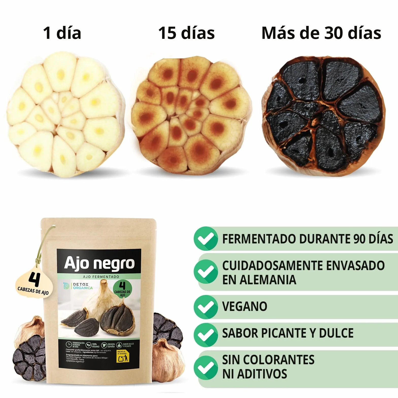 Detox Organica Ajo Negro 4 Cabezas Fermentadas Dientes Enteros Fermentación 90 Días 100% Natural Vegano