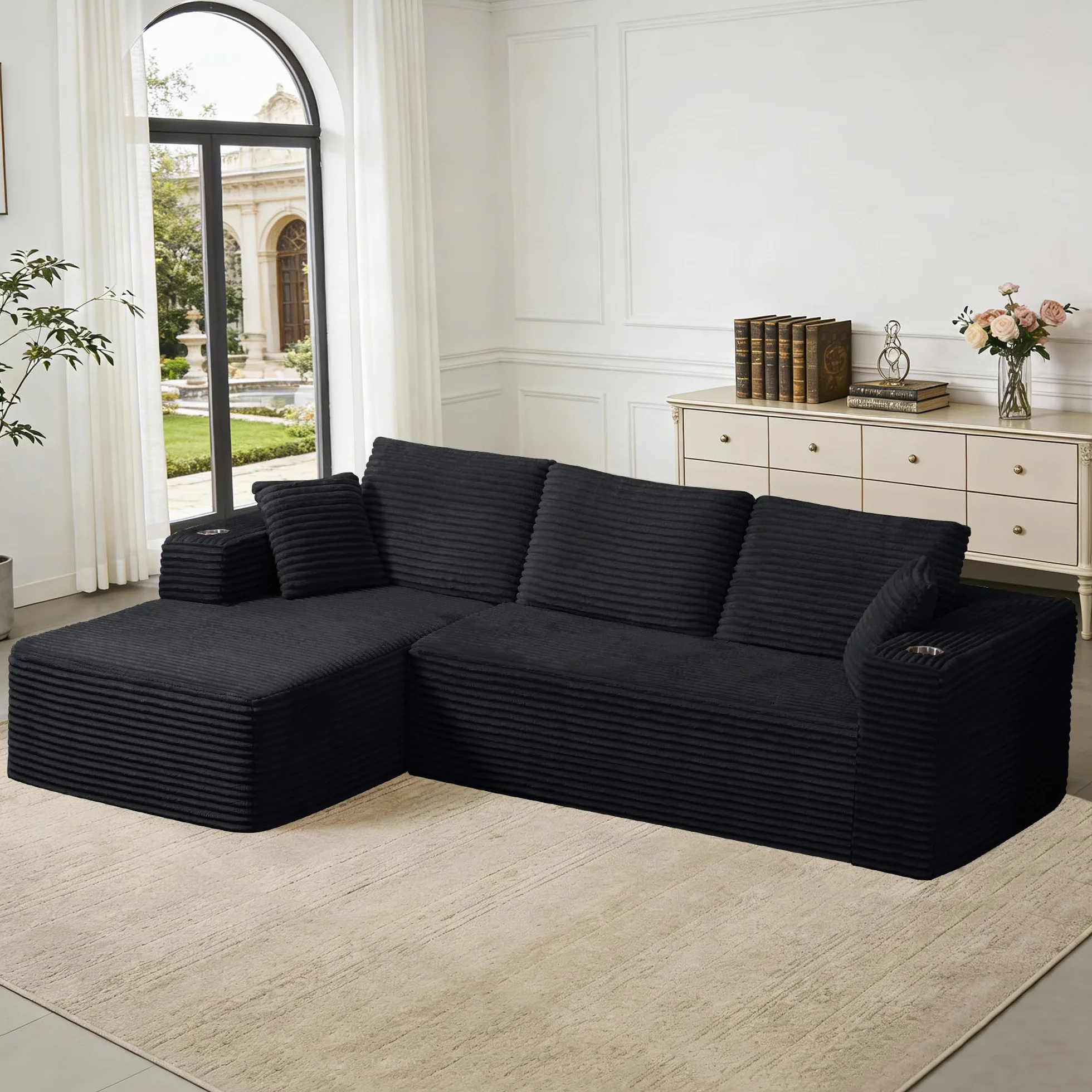 Sofa Modular sofás Comprimidos al vacío, Sofa Cama Chaise Longue 102 inch/261cm Sofá de Suelo Modular sin Estructura con Función de Dormir, Sofá para Salón o Apartamento, Negro
