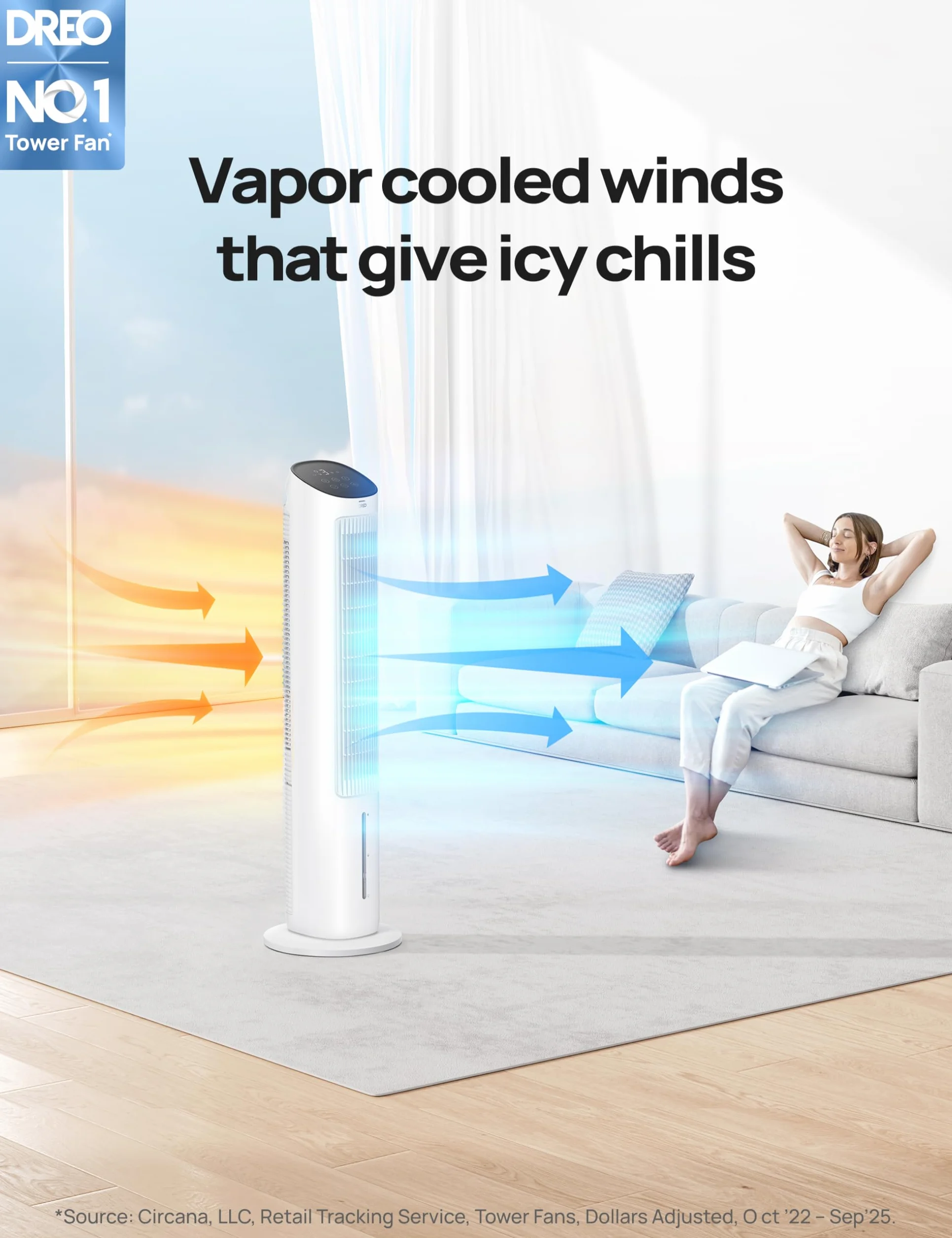 DREO Ventilador de Torre con Refrigeración, ventilador silencioso con enfriamiento por agua, enfriador evaporativo de 40 pulgadas, oscilación 80°, 3 modos, 4 velocidades, mando a distancia