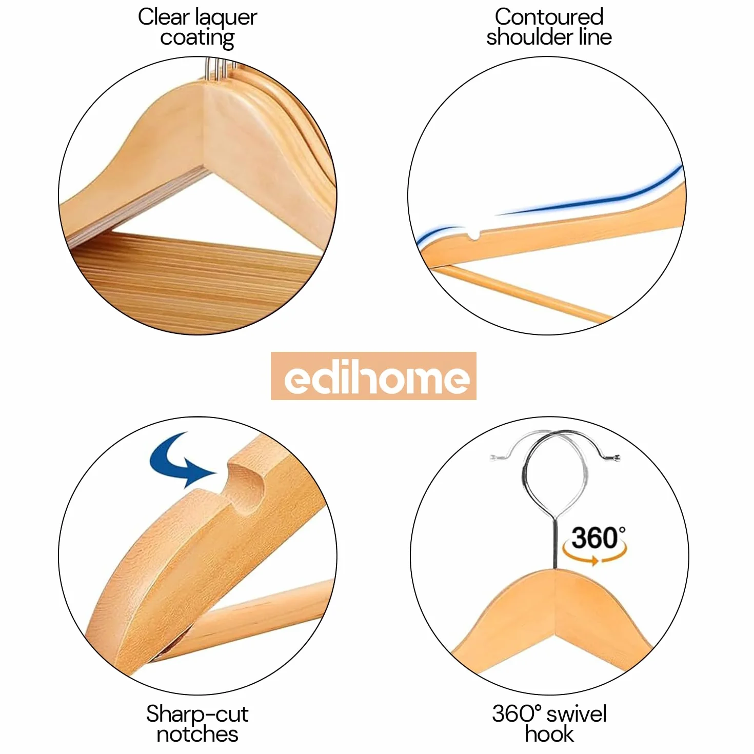 Perchas Madera Maciza con Gancho Giratorio 360, Pack 20 Unidades, Natural, para Organizar Ropa