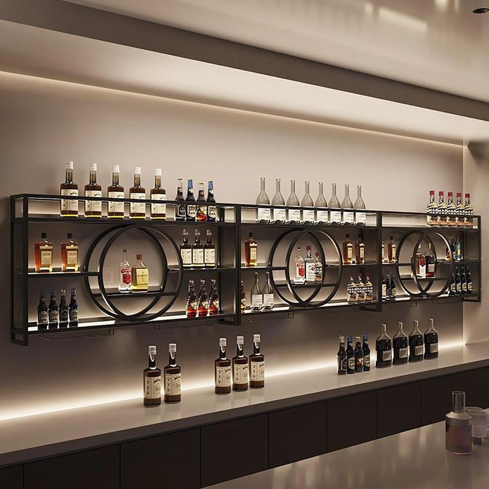 Estante de vino montado en la pared con luz , unidad de barra flotante estante de exhibición de botellas de licor, estante de almacenamiento multifuncional con soporte para copas de (100x15x80cm)