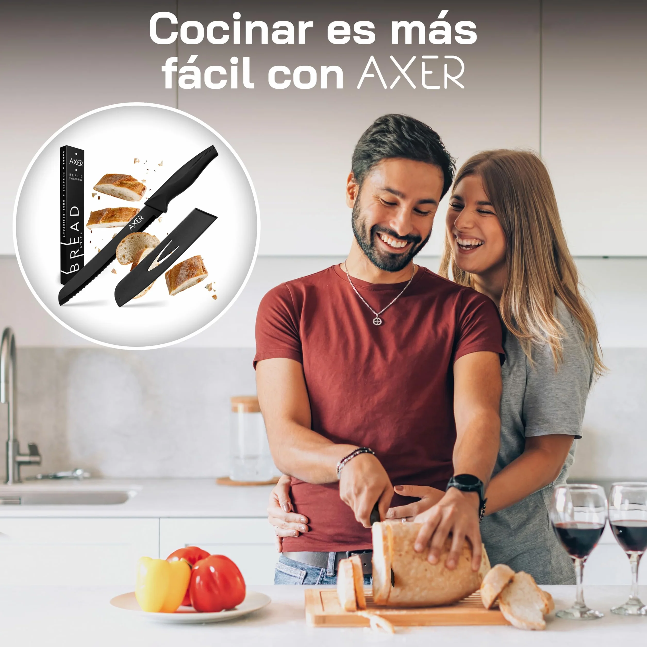 Axer Cuchillo de Pan Negro - Cuchillos Cocina Profesional - Cuchillo Pan con Funda - Bread Knife - Facas de Cozinha Para Pão - Cuchillo Cocina Profesional