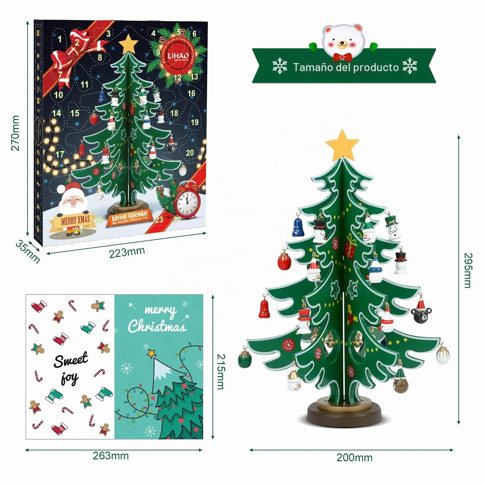 LIHAO Calendario de Adviento de Madera Mini Árboles de Navidad Adornos Decoración Regalos para Niños